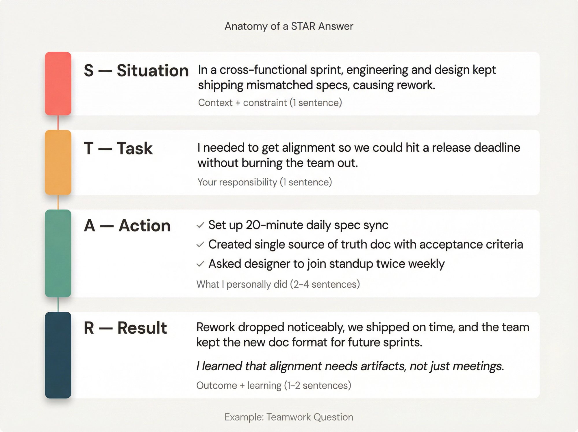Visual breakdown of STAR method structure showing Situation, Task, Action, and Result components with teamwork example
