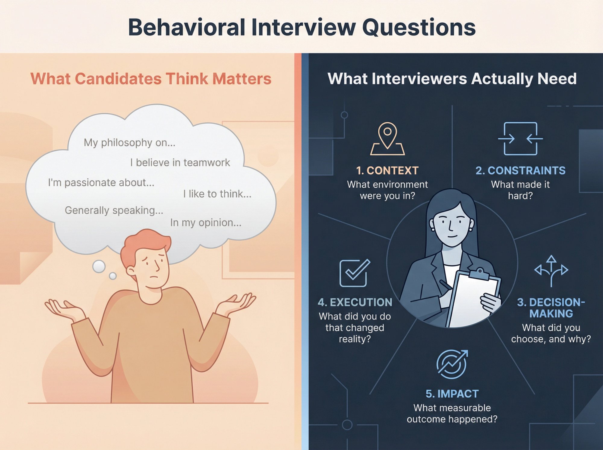 Split comparison showing what candidates think interviewers want versus what interviewers actually look for in behavioral questions