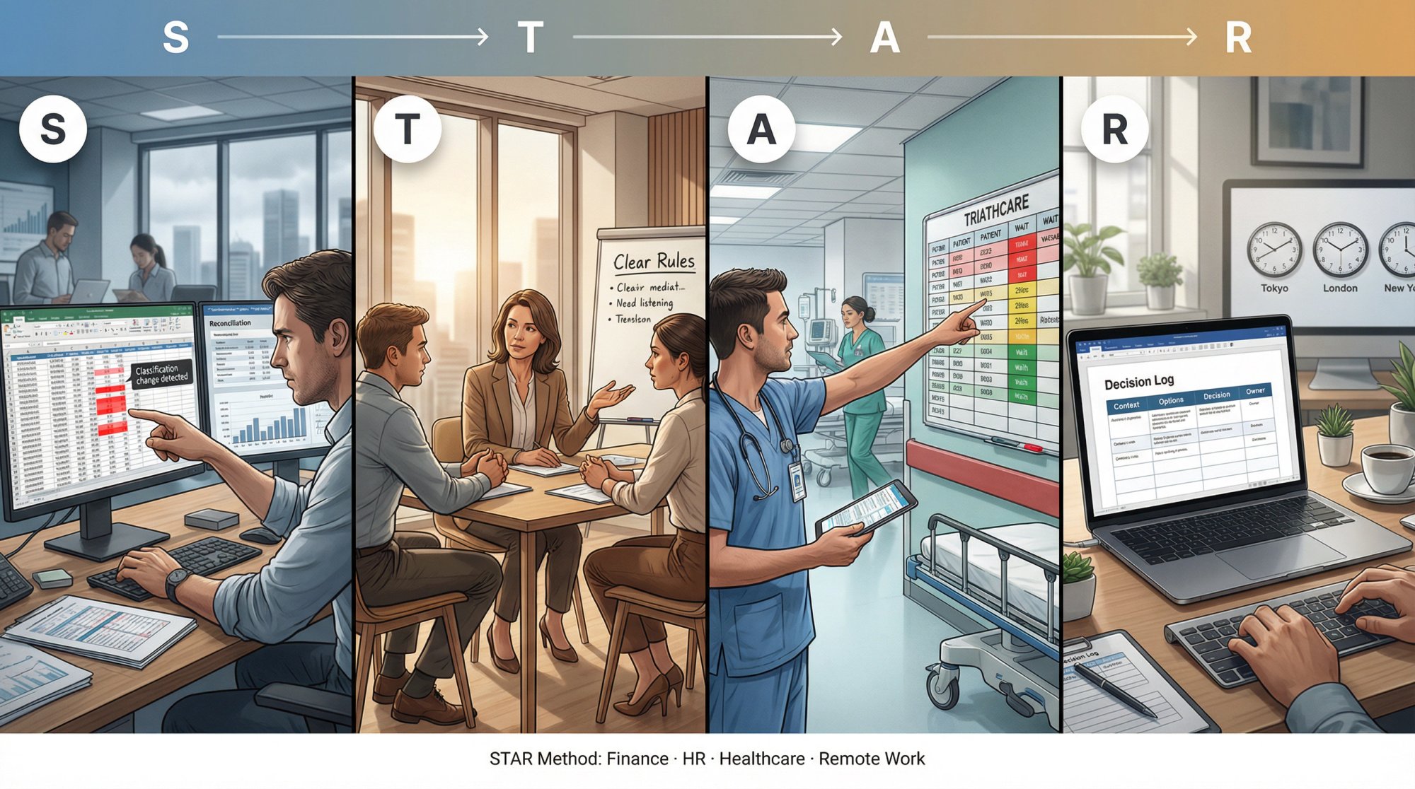 Four-panel storyboard showing STAR method applied across finance, HR, healthcare, and remote work scenarios