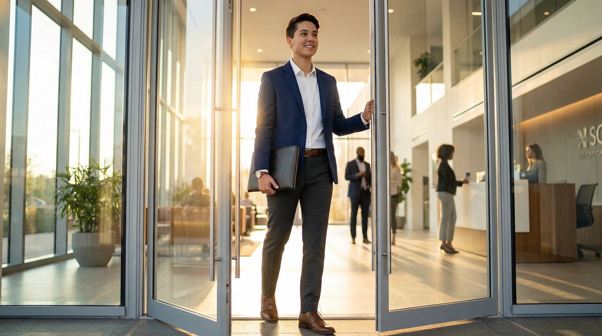 Confident professional in modern business attire walking into a bright interview setting, embodying success and self-assurance