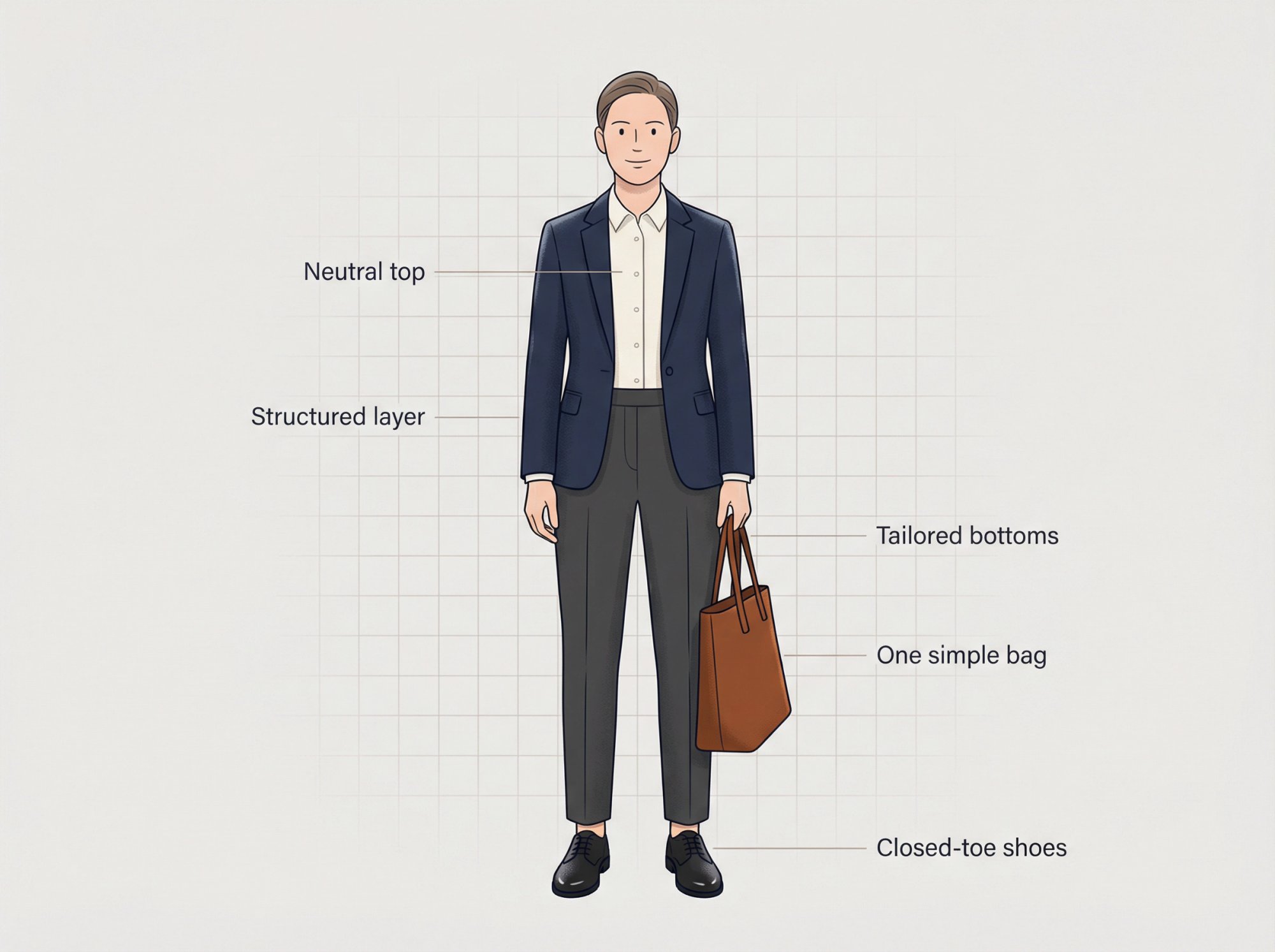 Visual breakdown of the 5-component default interview outfit formula: neutral top, blazer, tailored pants, closed-toe shoes, and simple bag