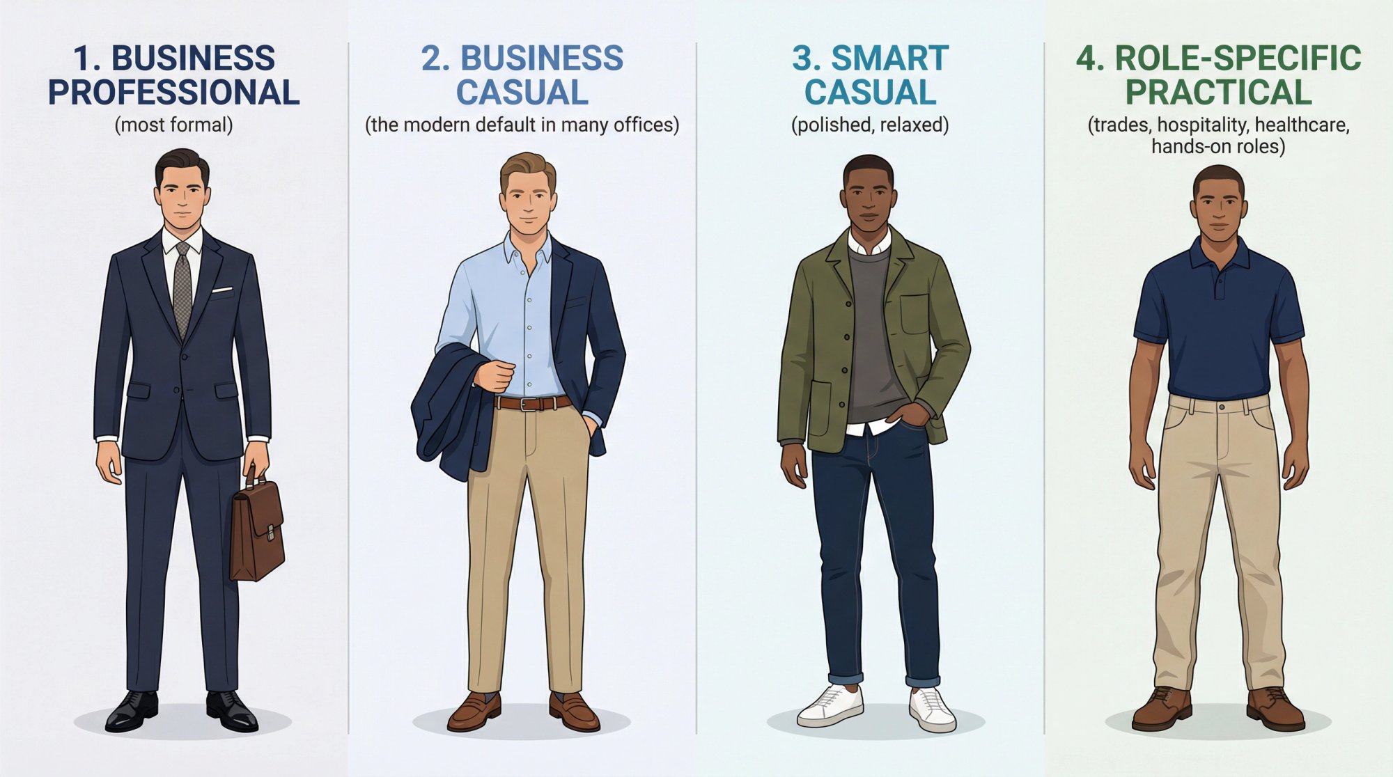 Four interview outfit dress code levels comparison: business professional, business casual, smart casual, and role-specific practical