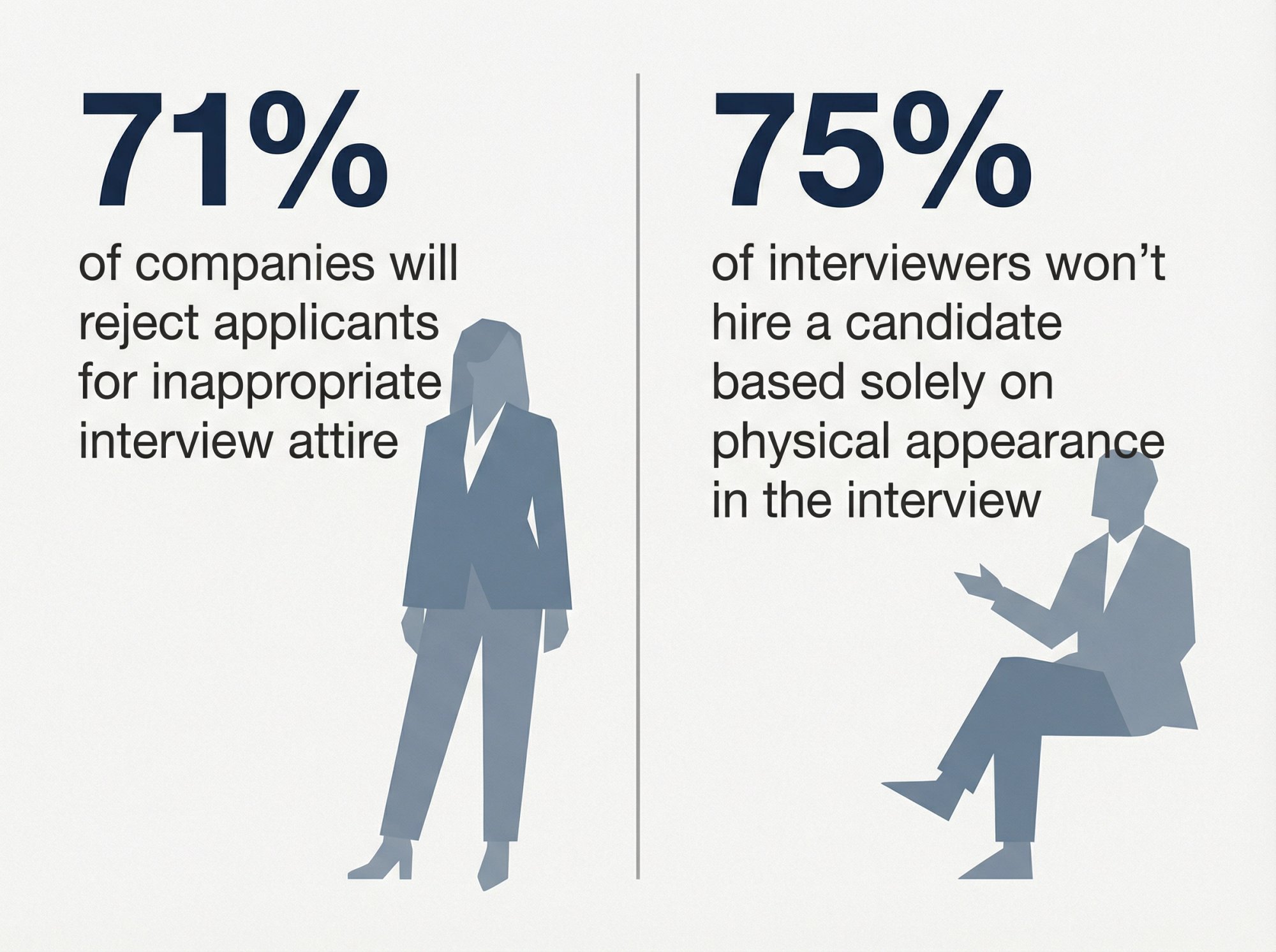 Data visualization showing 71% of companies reject inappropriately dressed candidates and 75% won't hire based on appearance