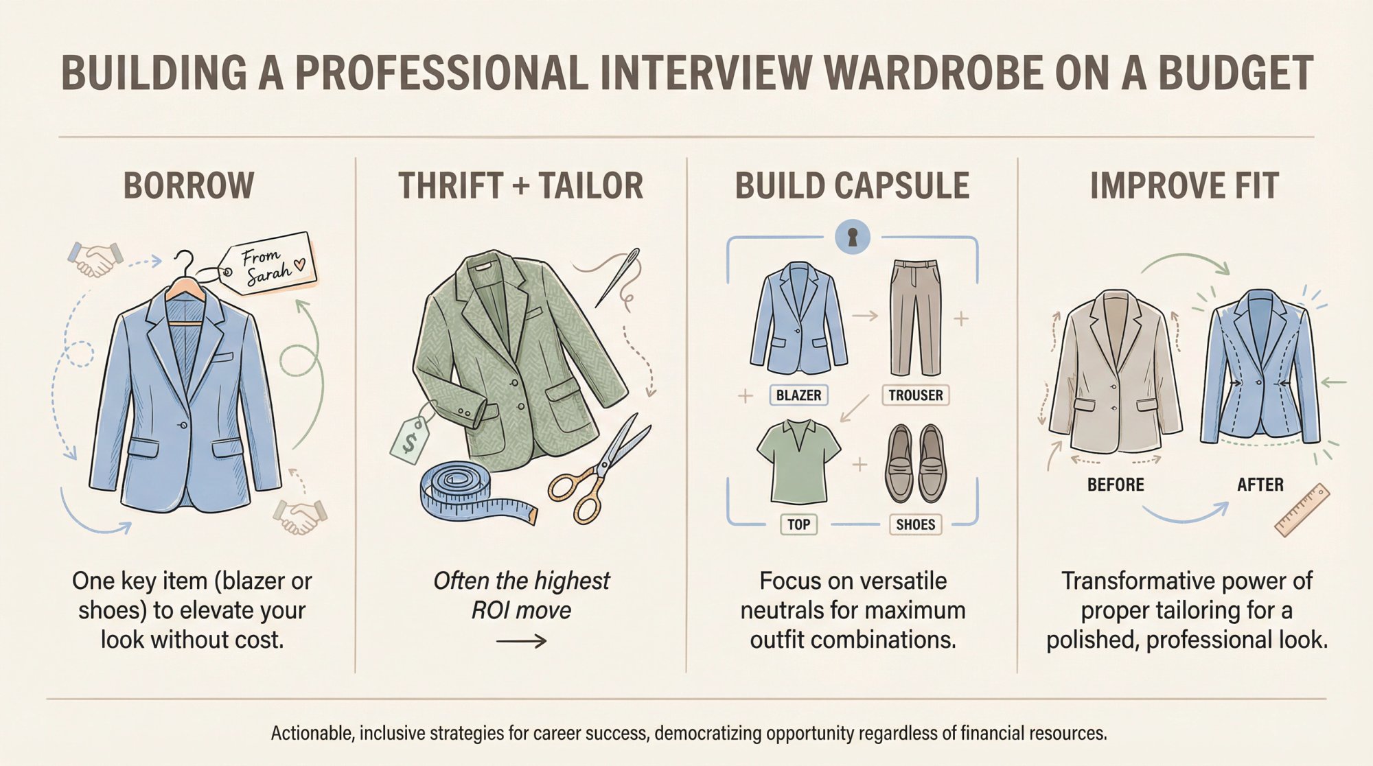 Four-step visual guide showing budget-friendly interview wardrobe building: borrowing items, thrift shopping, tailoring, and capsule wardrobe essentials