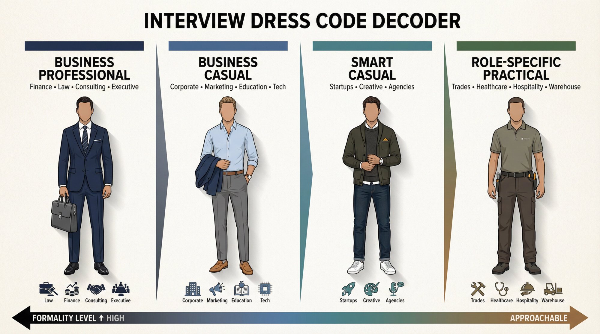 Visual guide showing the four interview dress code levels from formal to casual with illustrated outfit examples for each