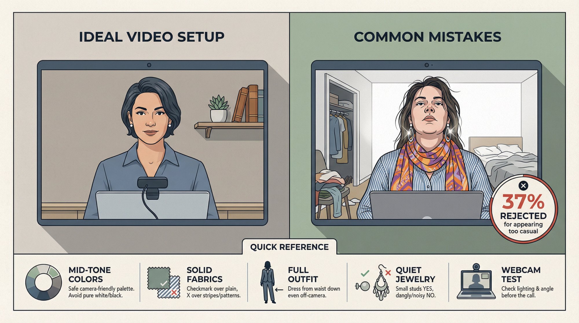 Split-screen comparison showing ideal vs problematic video interview outfit choices with camera framing