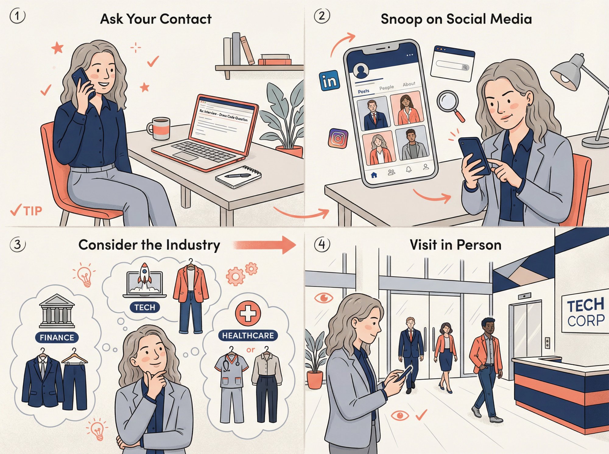Four-panel storyboard showing how to research company dress code: asking recruiter, checking social media, considering industry, visiting office