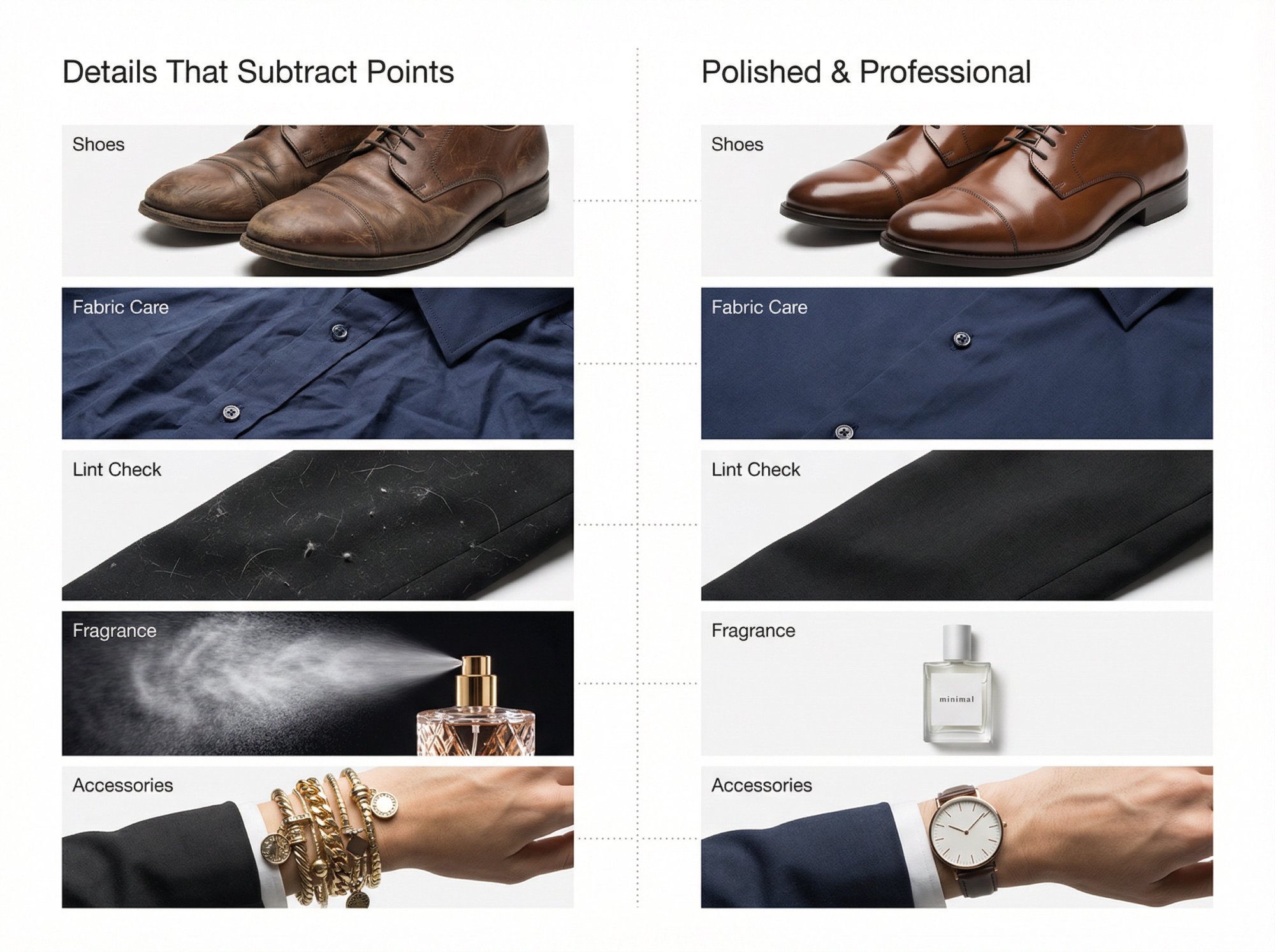 Side-by-side comparison of interview outfit details: polished shoes vs scuffed, pressed vs wrinkled fabric, lint-free vs pet hair