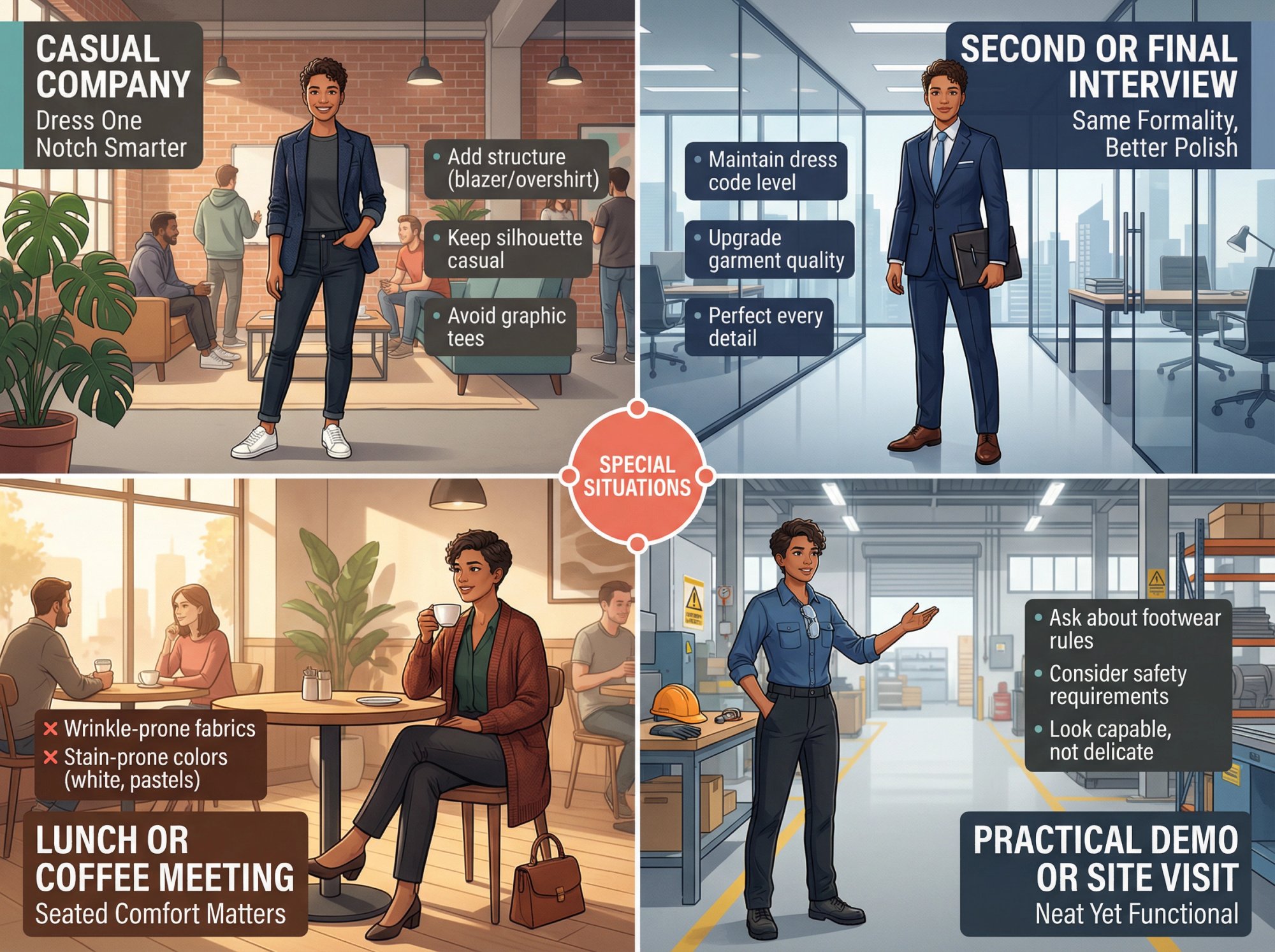 Four-panel guide showing interview outfit strategies for casual companies, final interviews, lunch meetings, and site visits