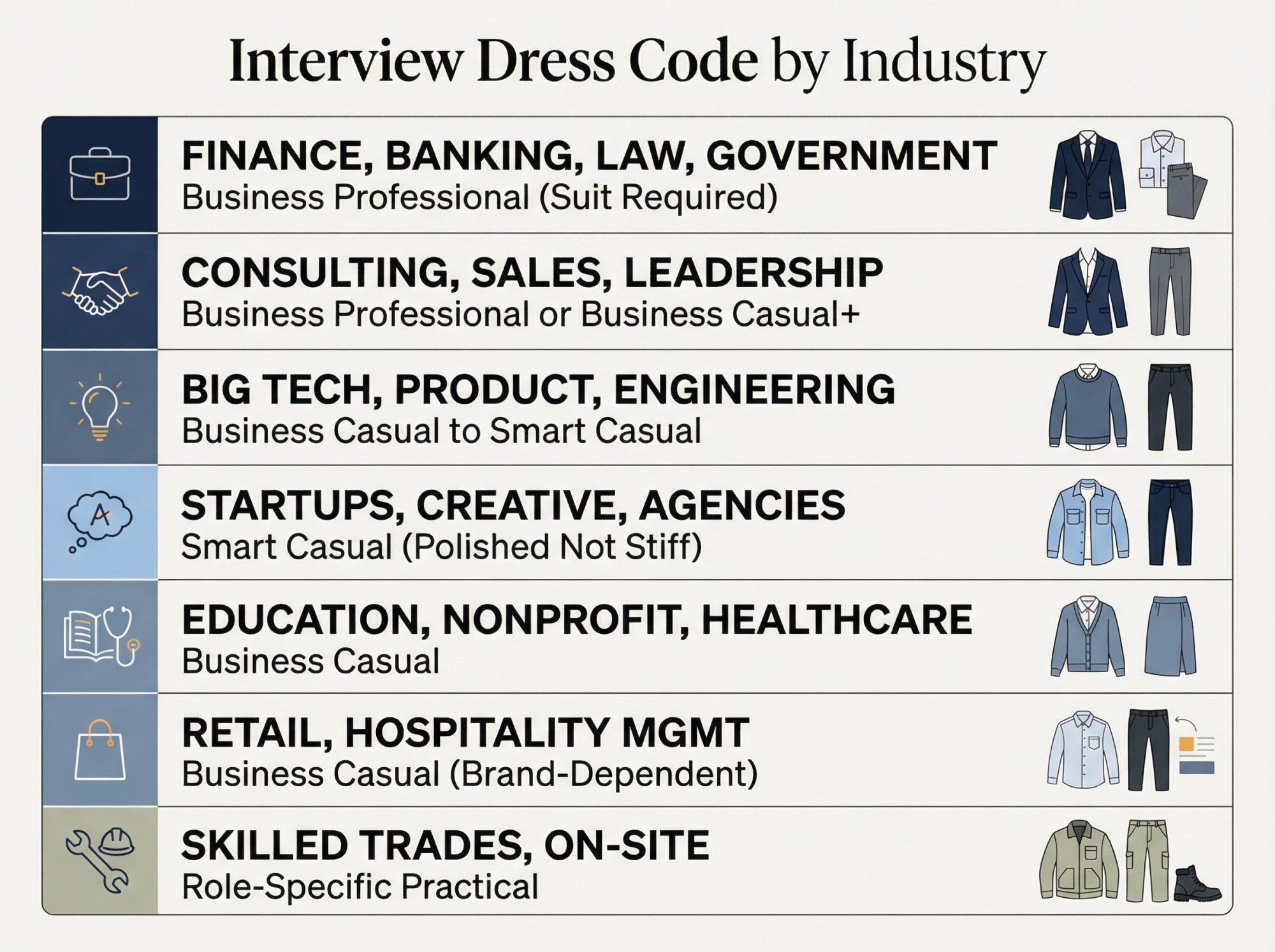 Industry-specific interview dress code guide showing formality levels from business professional to smart casual