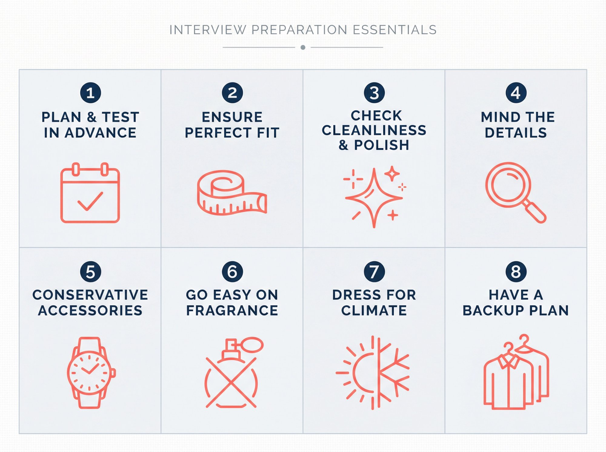 Modern editorial infographic showcasing 8 essential interview outfit preparation tips in a clean, professional layout