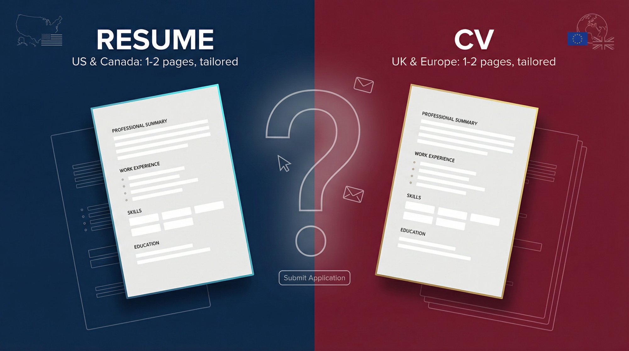 Split-screen editorial illustration showing resume vs CV confusion with geographic context and document duality