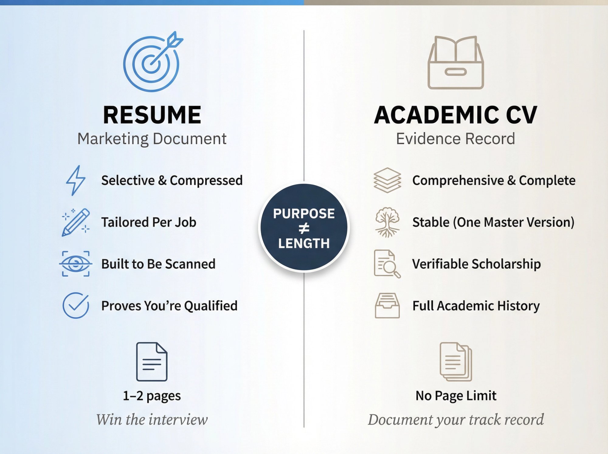 Split-panel infographic contrasting resume's marketing purpose with academic CV's evidence-recording purpose