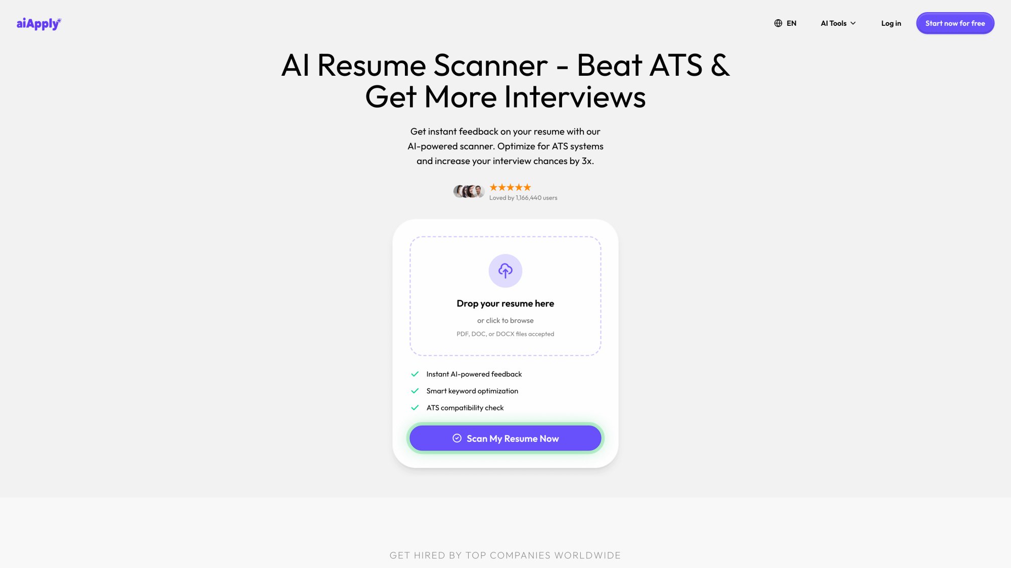 AIApply AI Resume Scanner showing ATS compatibility checker with keyword optimization and scoring features
