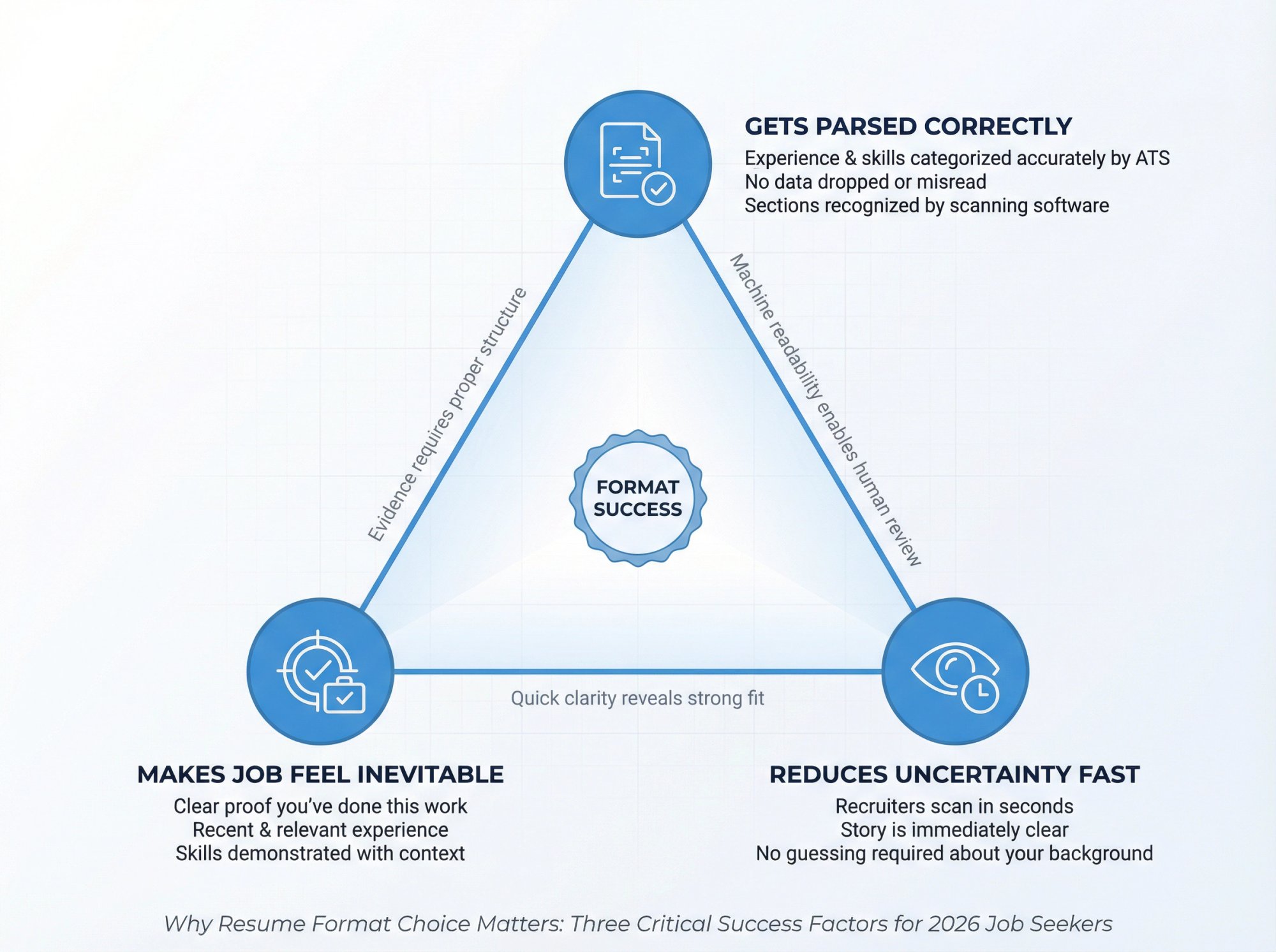Triangular diagram showing three interconnected resume success factors: ATS parsing, recruiter clarity, job fit evidence