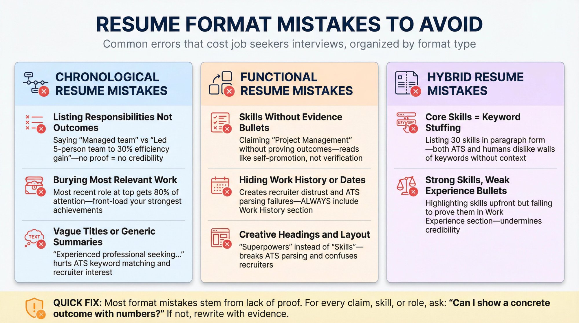 Visual checklist of resume format mistakes by type: chronological, functional, and hybrid errors