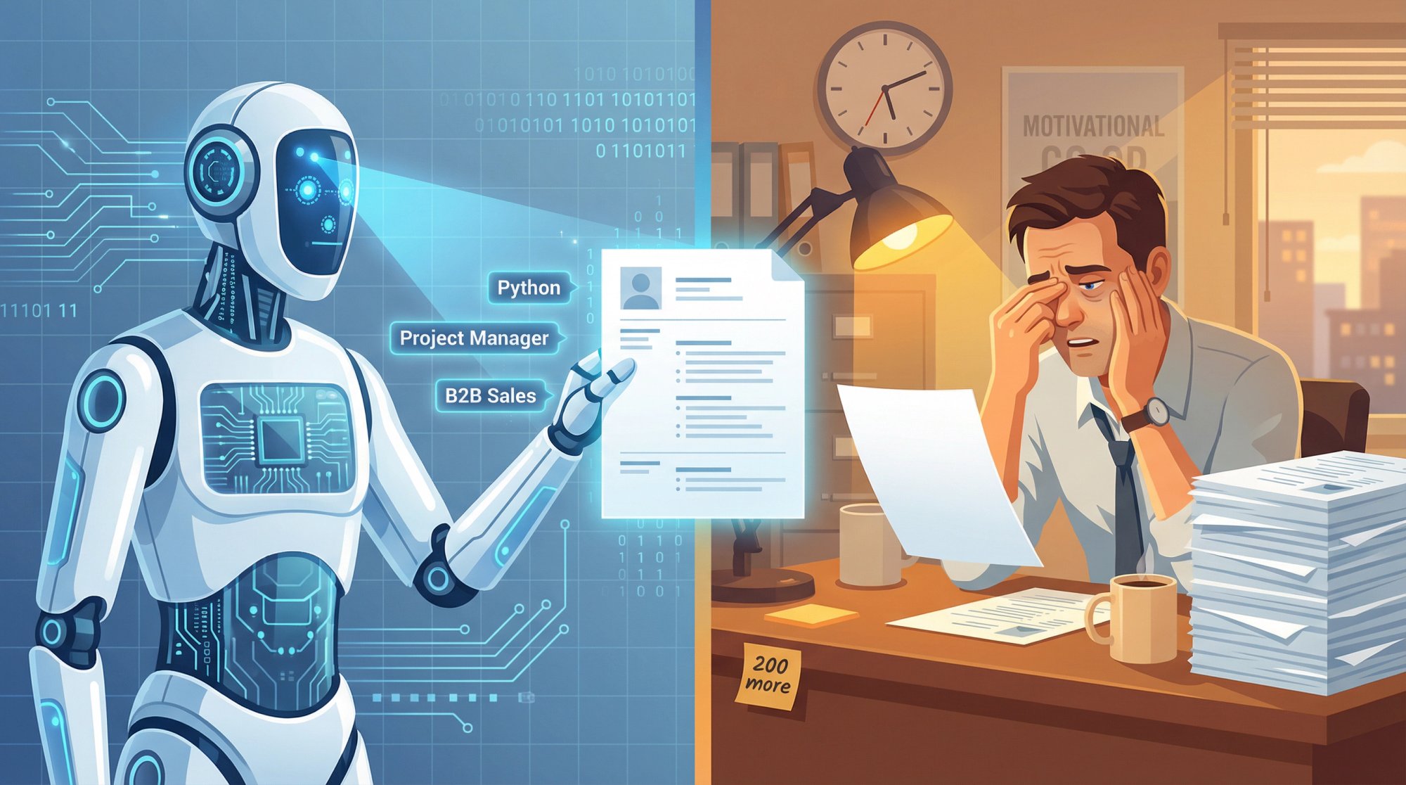 Split-screen illustration showing ATS robot scanning resume on left and exhausted recruiter doing 10-second skim on right