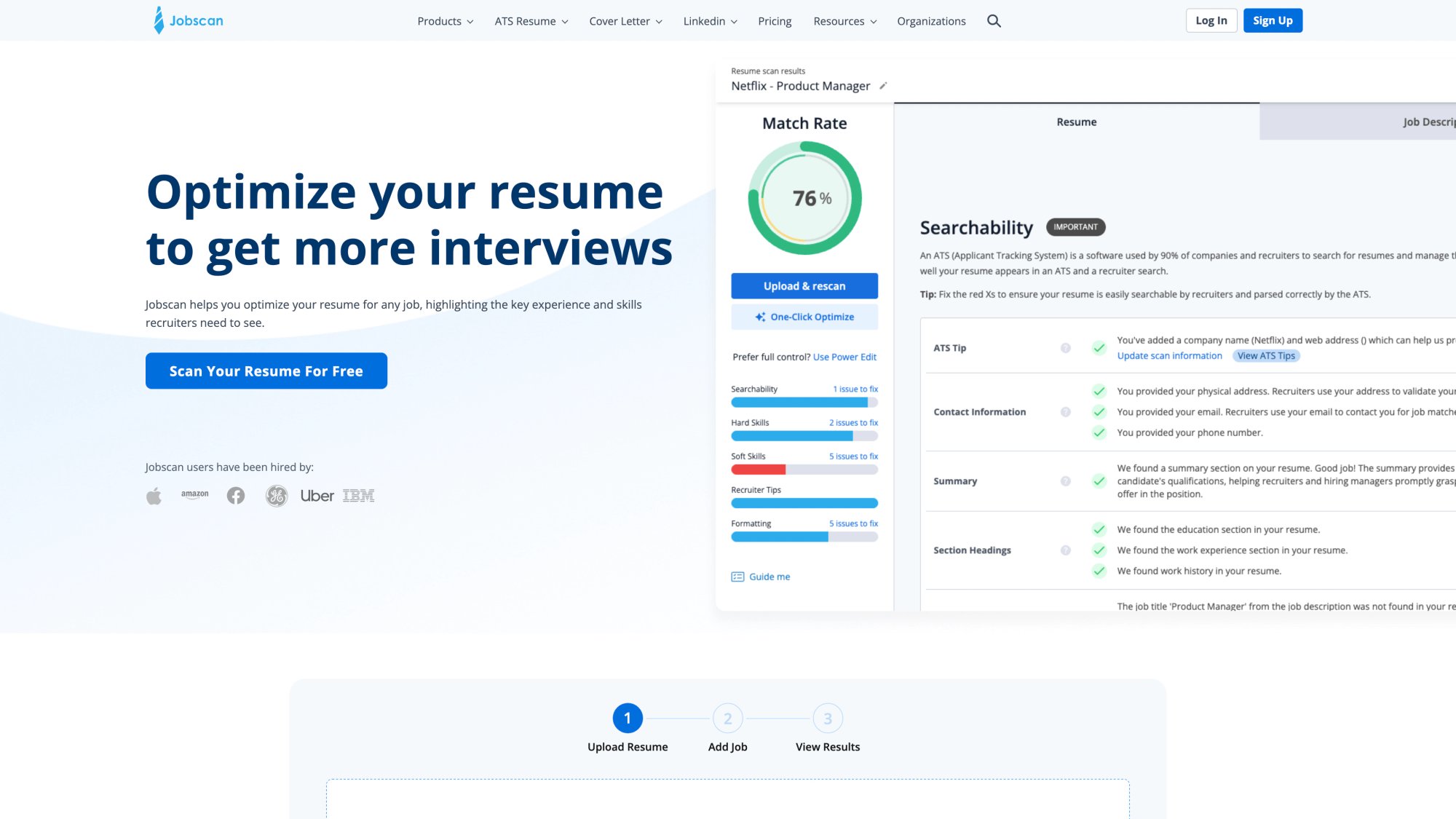 Jobscan homepage showing ATS resume optimization tools and keyword matching features used by job seekers worldwide