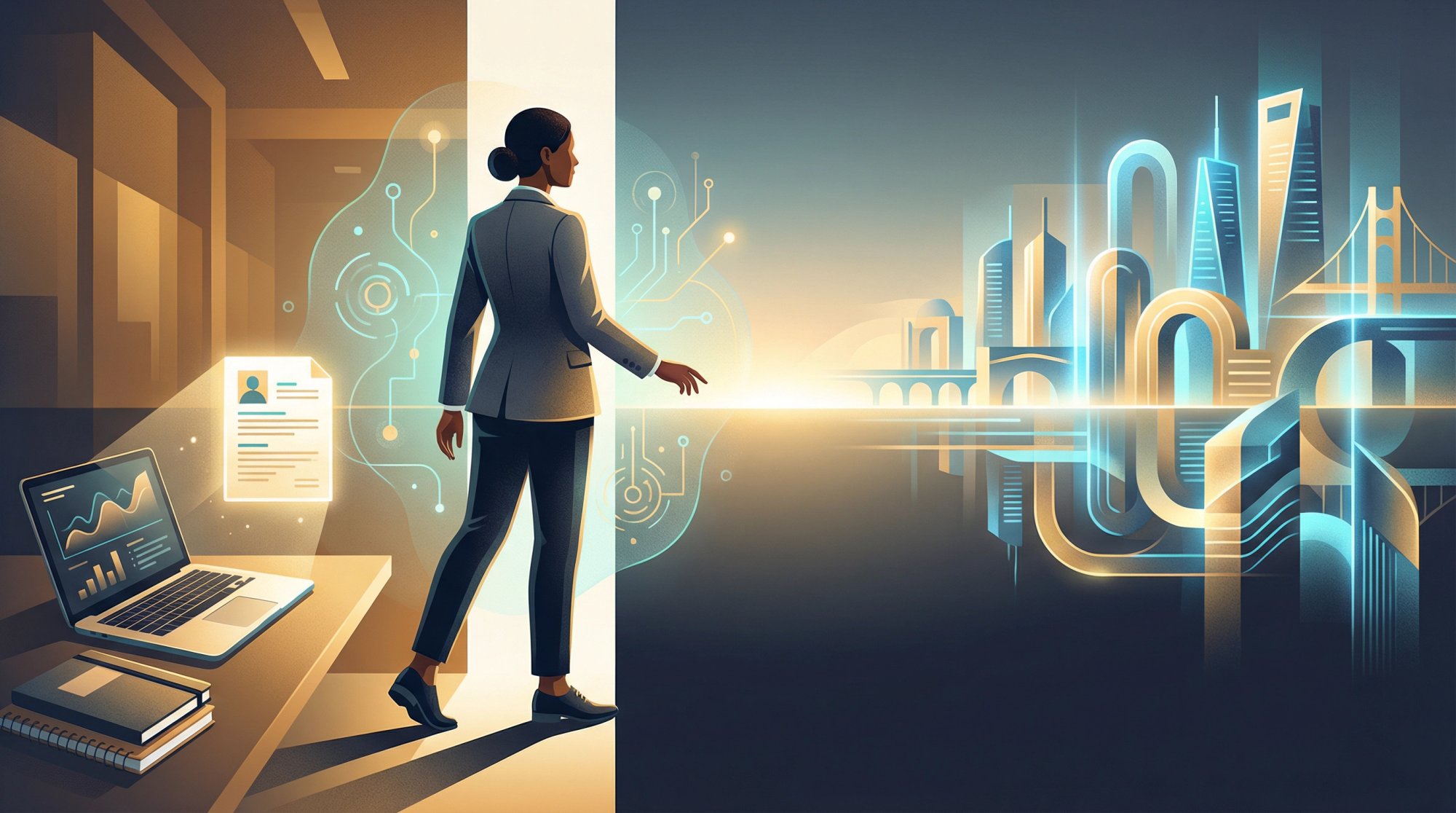 Professional standing at threshold of career success with AI-powered tools and opportunities ahead