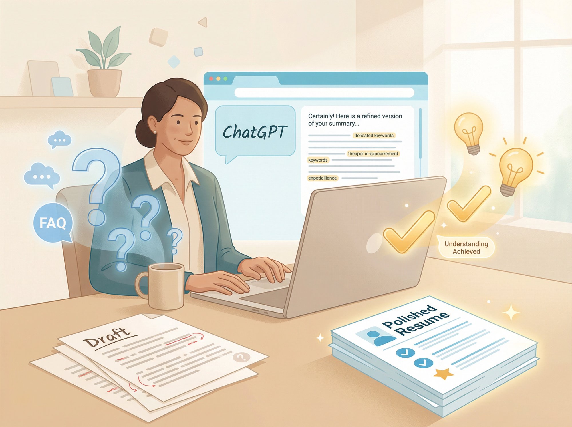 Professional confidently using ChatGPT for resume writing with questions transforming into clear answers