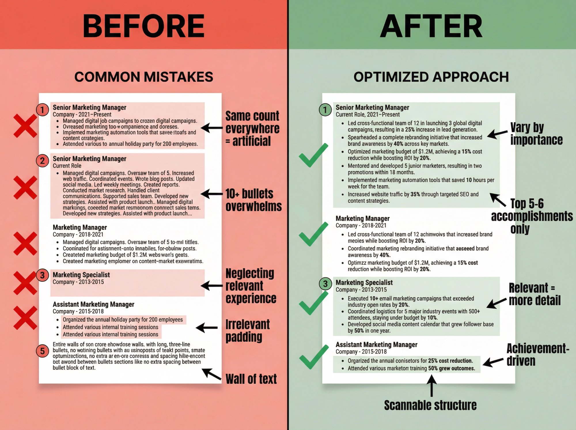 Side-by-side comparison showing common resume bullet mistakes on left versus optimized approach on right