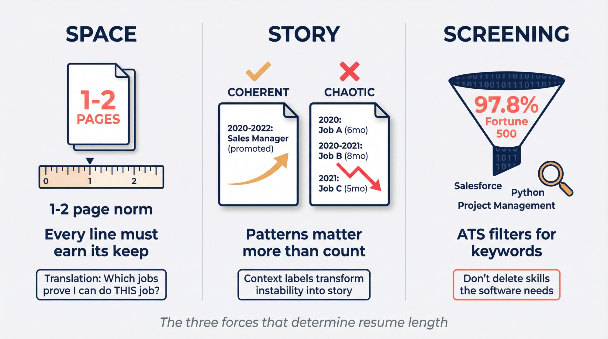 Visual breakdown of three key factors determining resume job count: Space (1-2 page limit), Story (pattern coherence), and Screening (ATS keyword requirements)