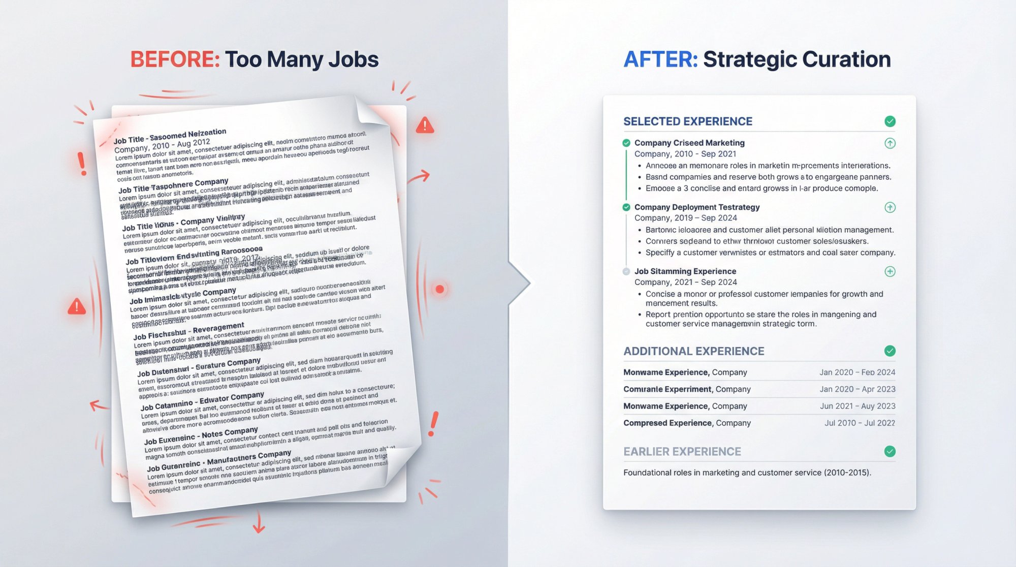 Split-panel comparison showing cluttered resume with too many jobs versus strategically curated resume using Selected Experience method