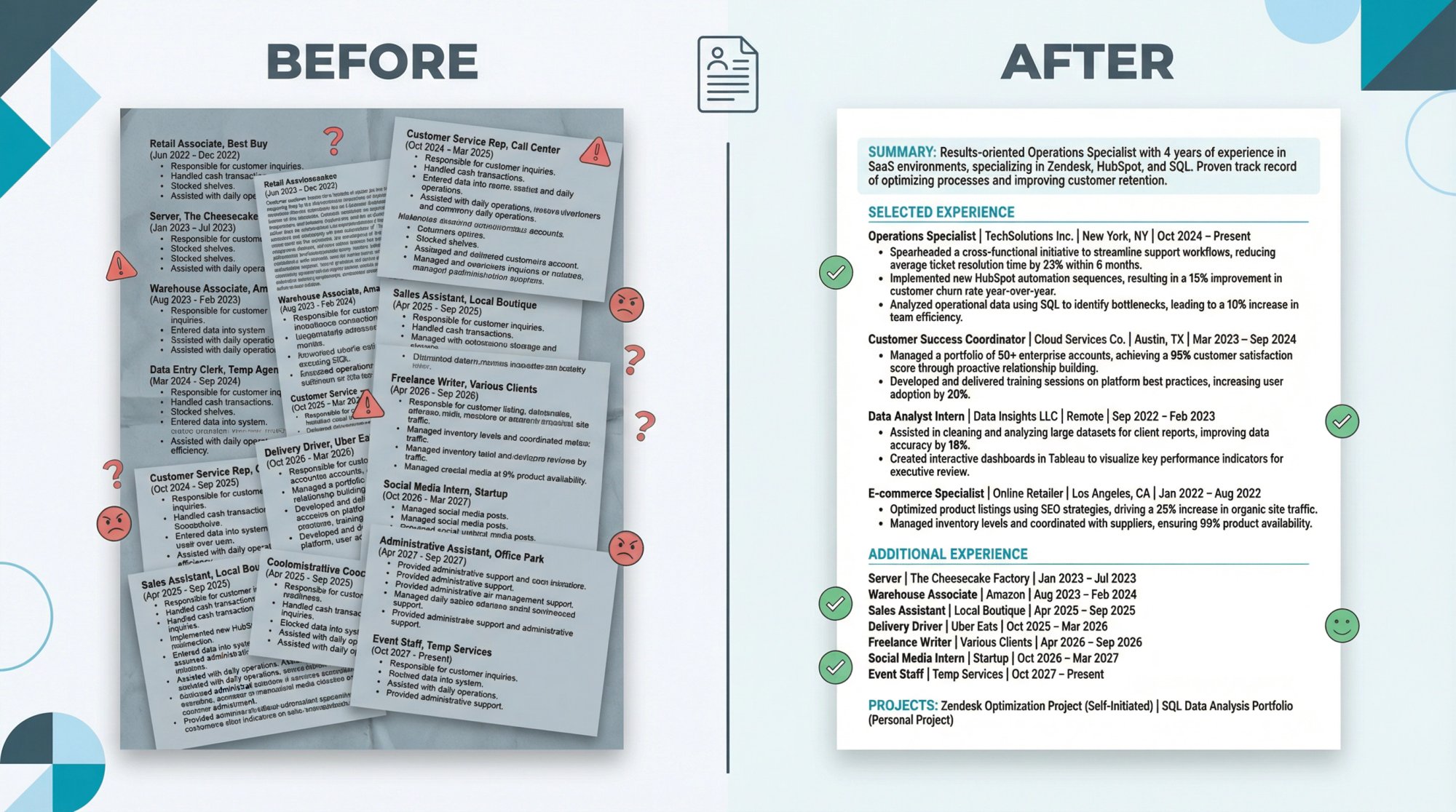 Side-by-side comparison showing cluttered resume with 11+ jobs transformed into clean, strategic Selected Experience format