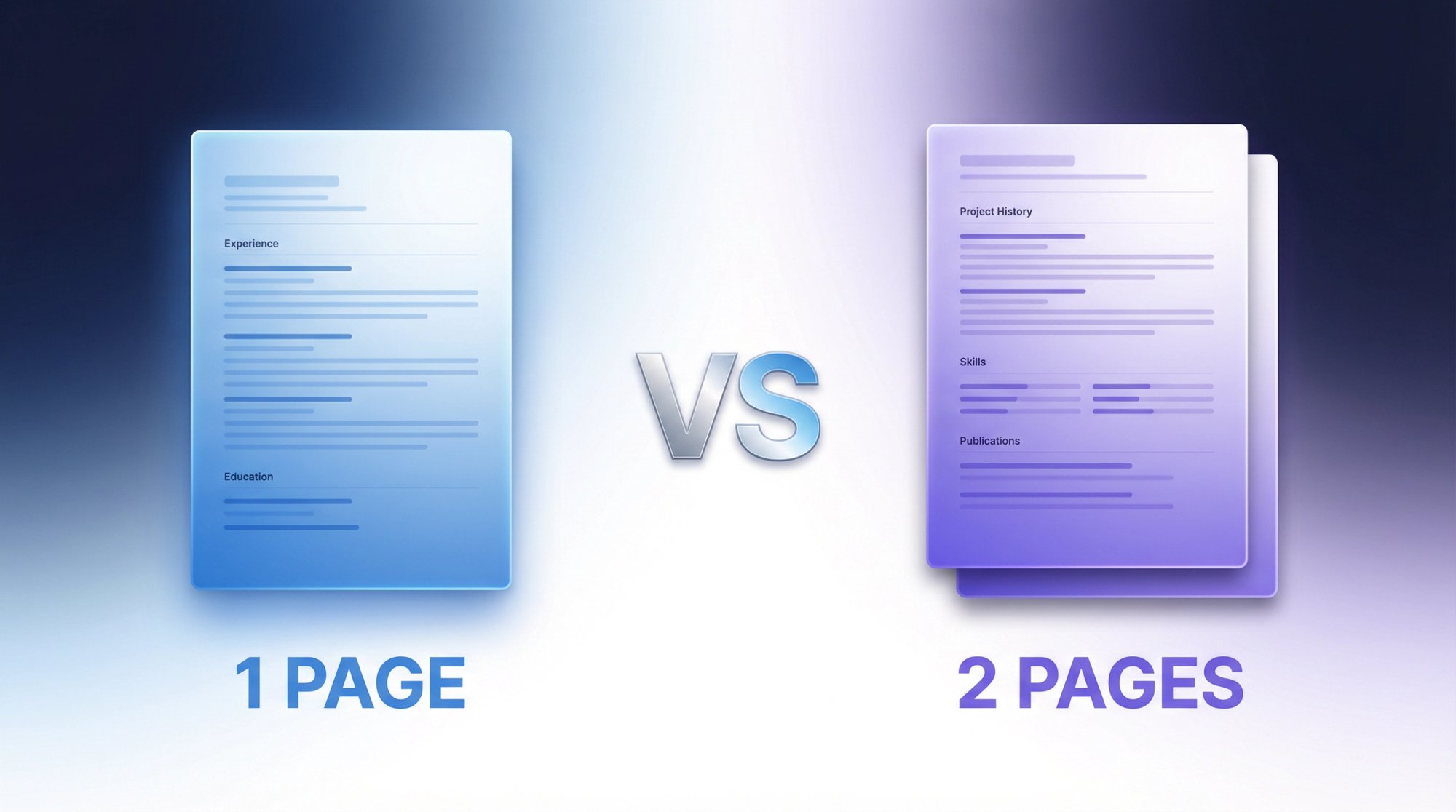 Split-screen comparison of one-page versus two-page resume formats showing the tradeoff between conciseness and detail