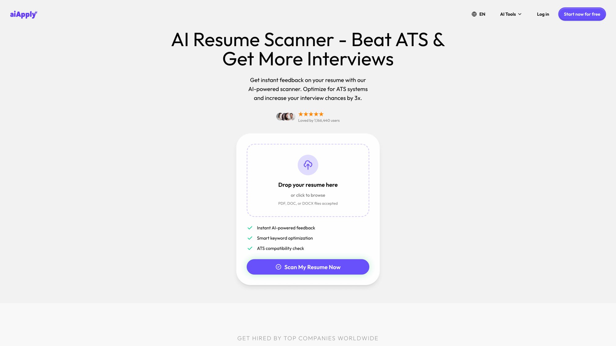 AIApply Resume Scanner interface analyzing ATS compatibility and keyword optimization