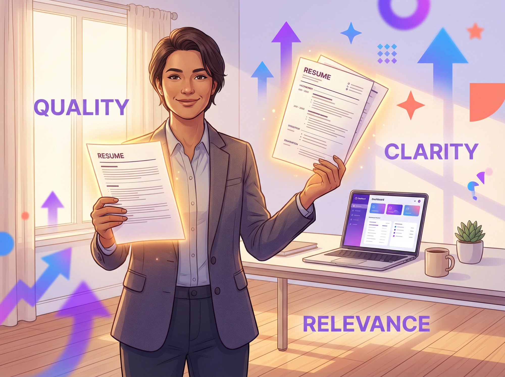 Professional confidently holding both one-page and two-page resumes, symbolizing that either choice works when executed with quality and relevance