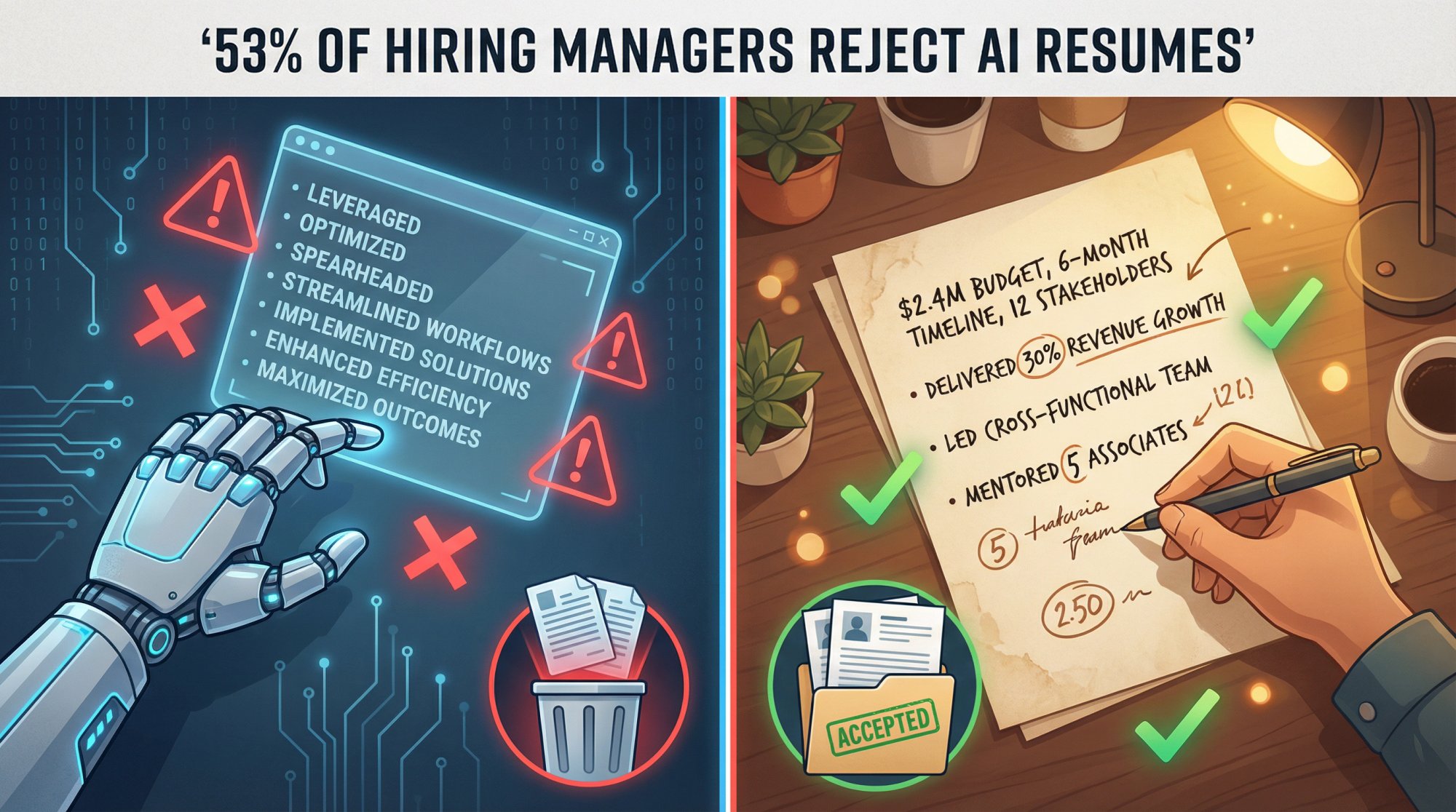 Side-by-side comparison showing robotic AI-generated resume text versus authentic human-written content with personality