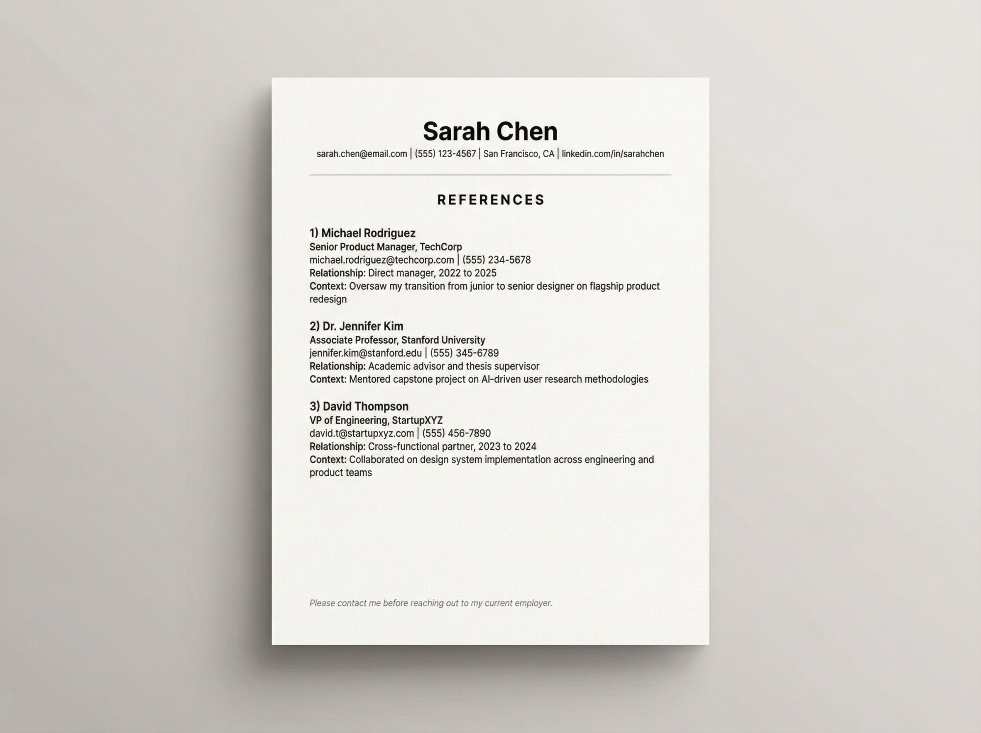 Professional reference sheet template showing proper formatting with header, three references, and contact details