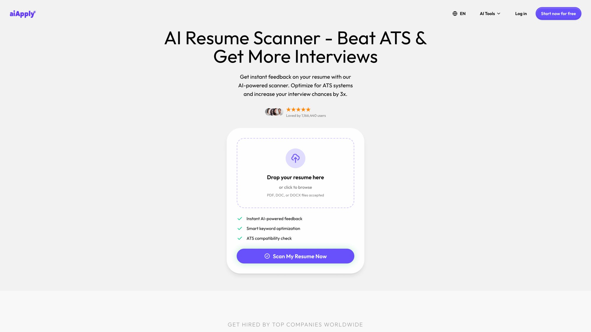 AIApply Resume Scanner interface showing ATS analysis tool that identifies keyword gaps and formatting issues before submission