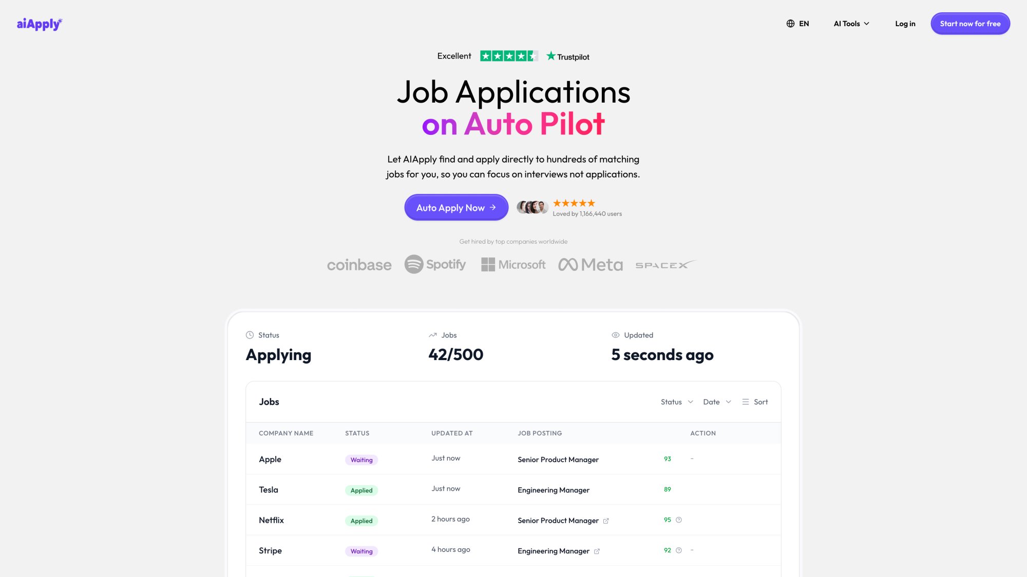 AIApply Auto Apply feature page showing automated job application submission with up to 500 tailored applications per month