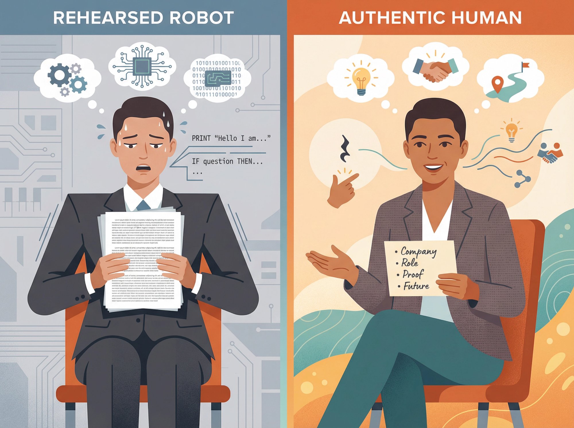 Split comparison showing stiff robotic interview delivery versus natural confident human communication