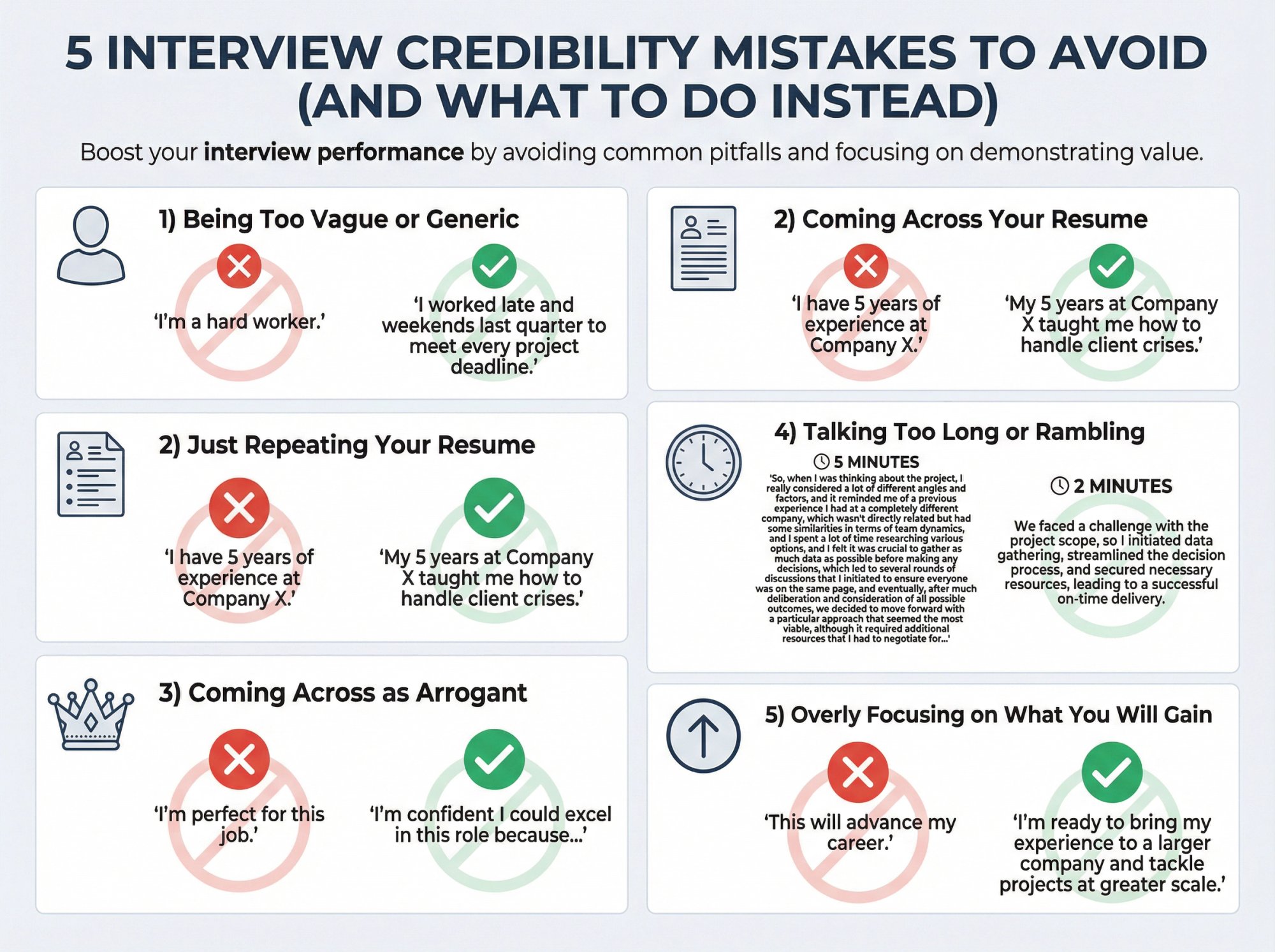 Five common interview mistakes that damage credibility with crossed-out examples and better alternatives