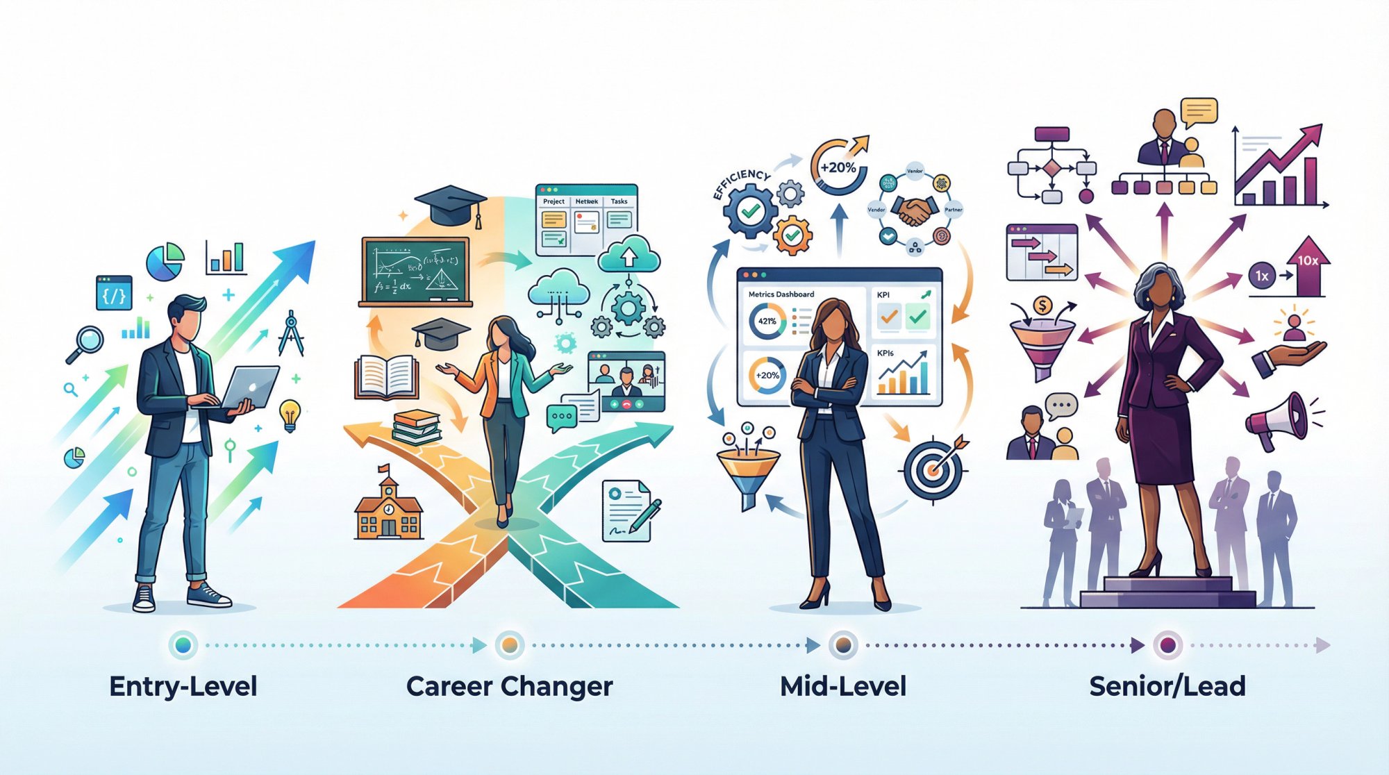 Four-stage career progression visual showing entry-level, career changer, mid-level specialist, and senior lead professional personas with distinct characteristics