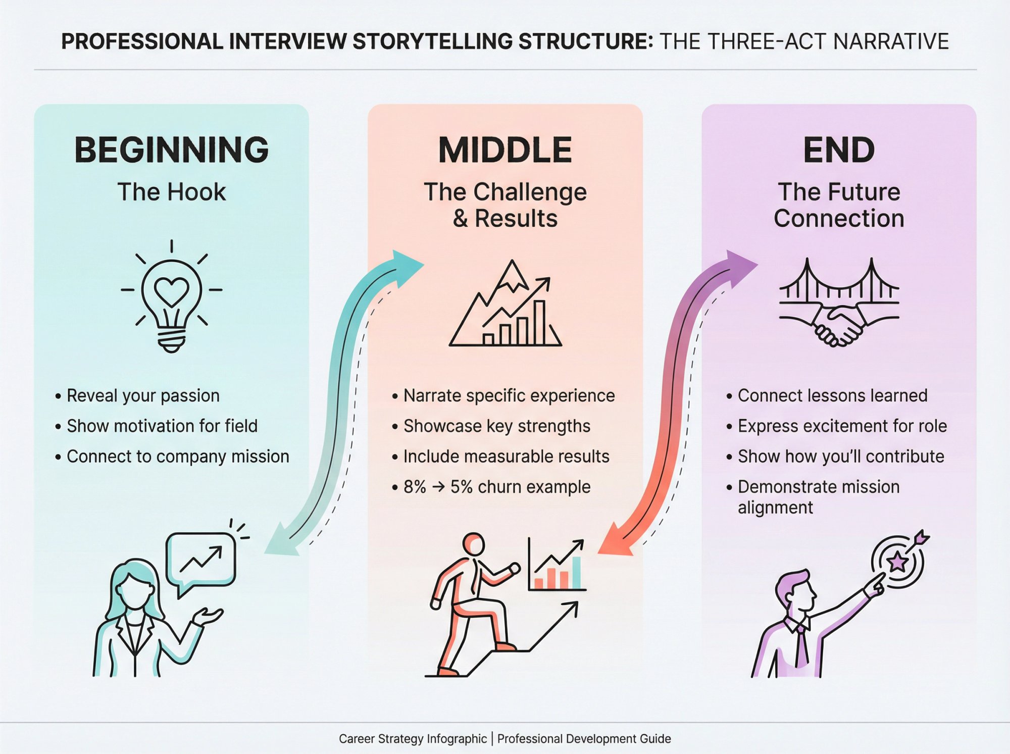 Three-act story structure for interview answers: Beginning (hook with passion), Middle (challenge and results), End (future connection)