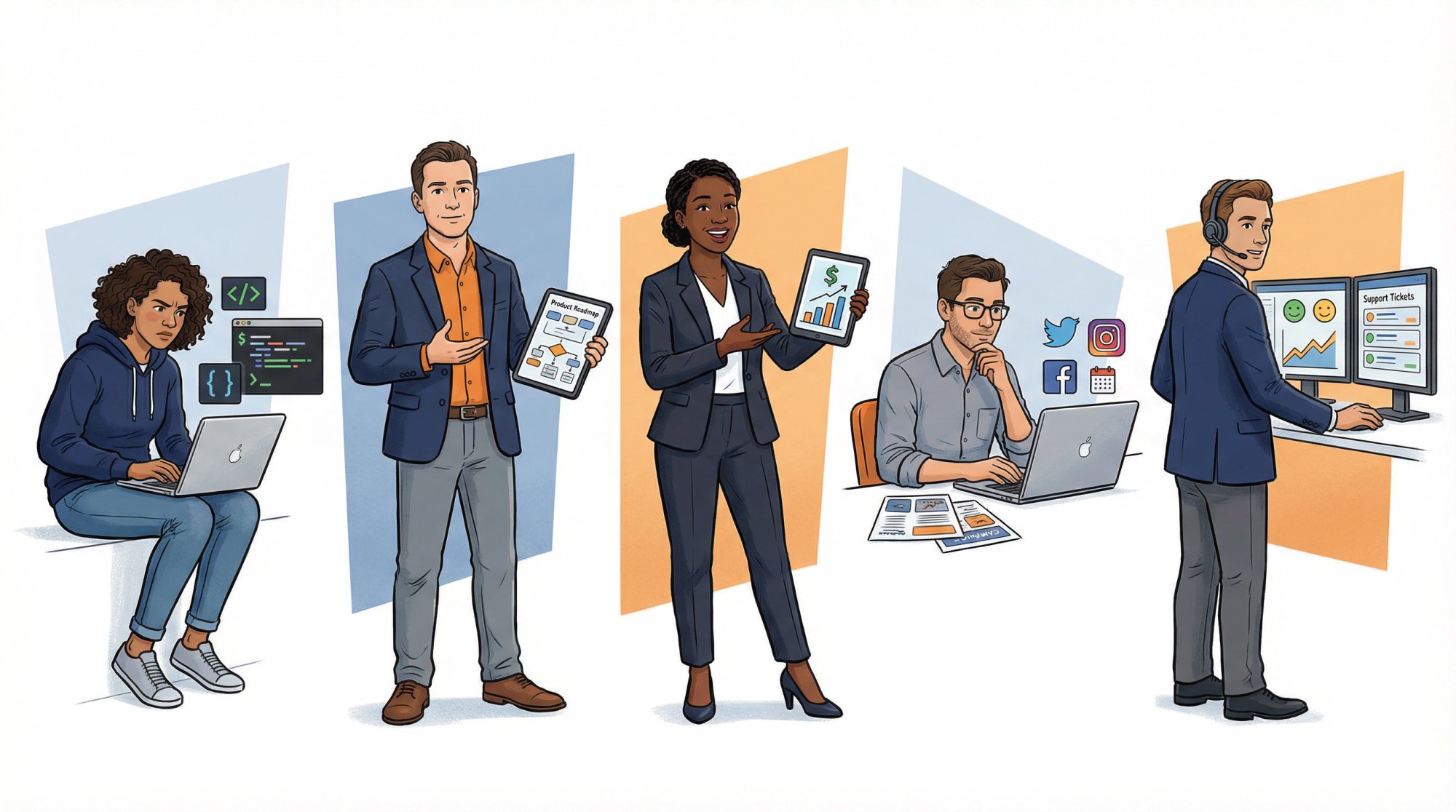 Five diverse professionals representing different career roles: software engineer, product manager, sales, marketing, and customer success