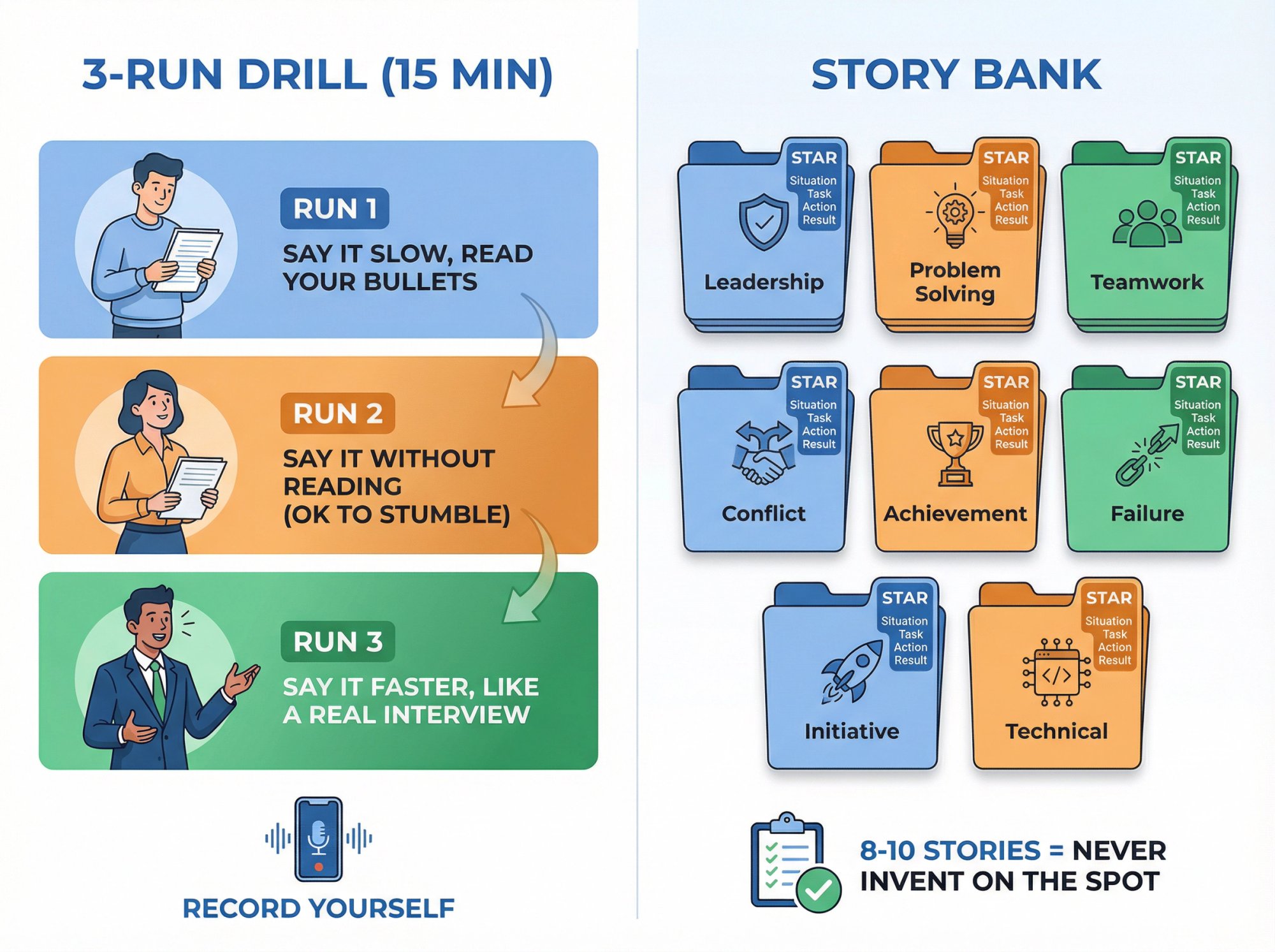 Split-panel instructional diagram showing the 3-Run Drill progression on left and Story Bank concept on right