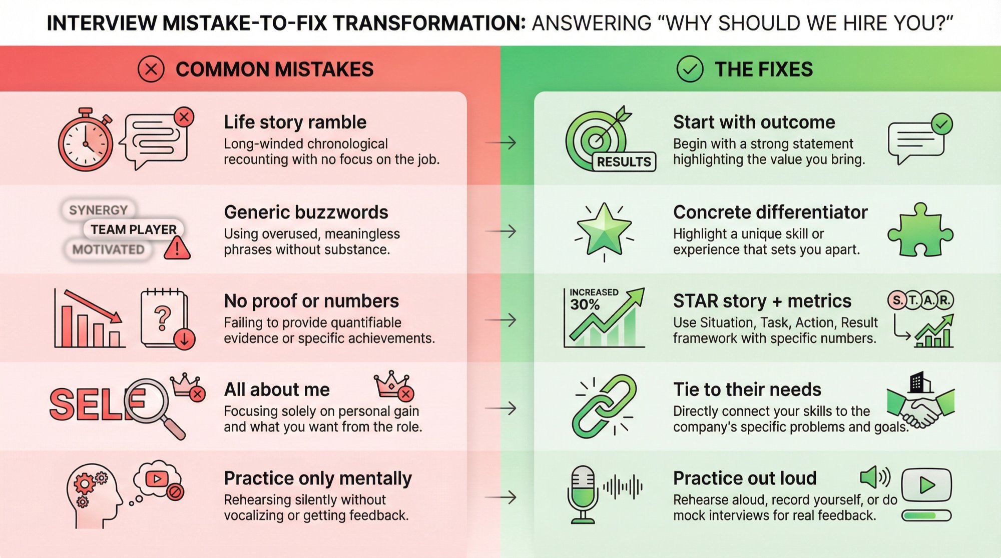 Visual comparison of 10 common interview mistakes vs their fixes for answering 'Why should we hire you?'
