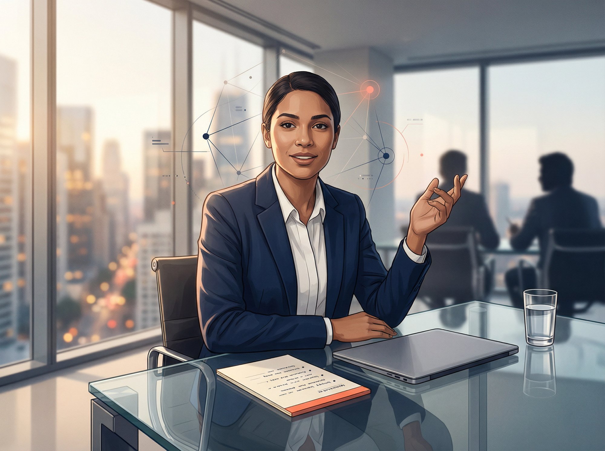 Confident job candidate answering 'Why should we hire you?' in modern interview setting