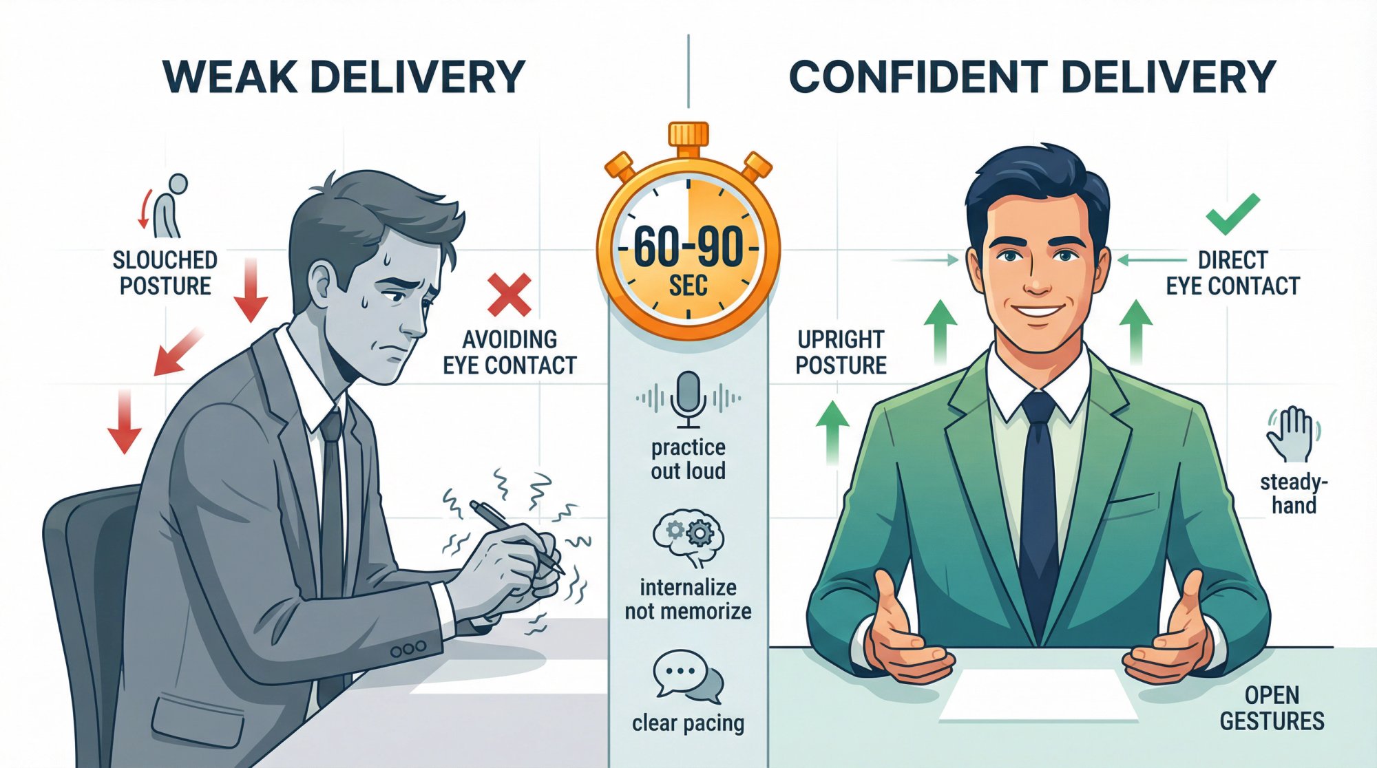 Side-by-side comparison showing weak vs confident interview body language and delivery techniques