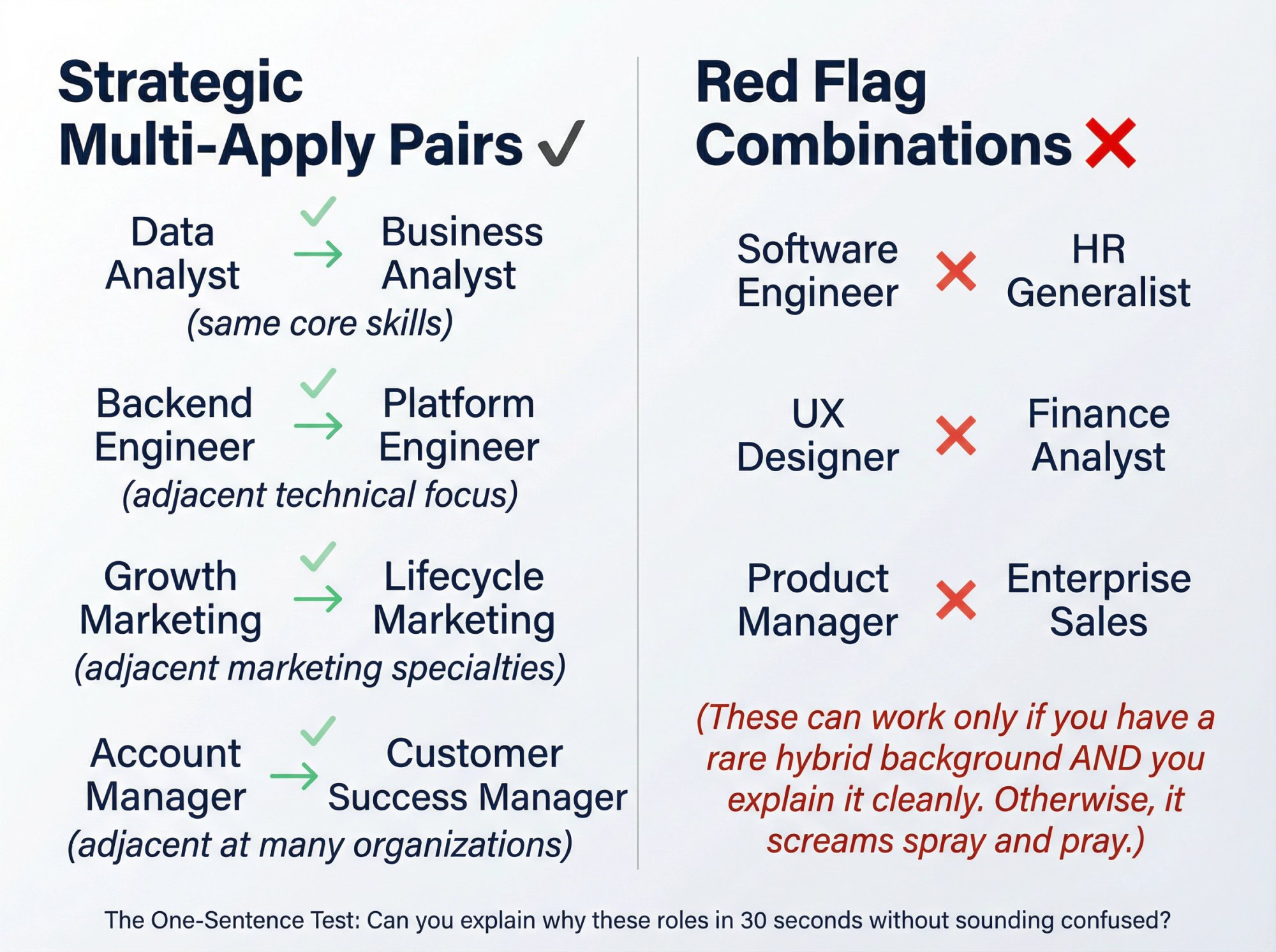 Side-by-side comparison chart showing good vs bad job application pairs at the same company
