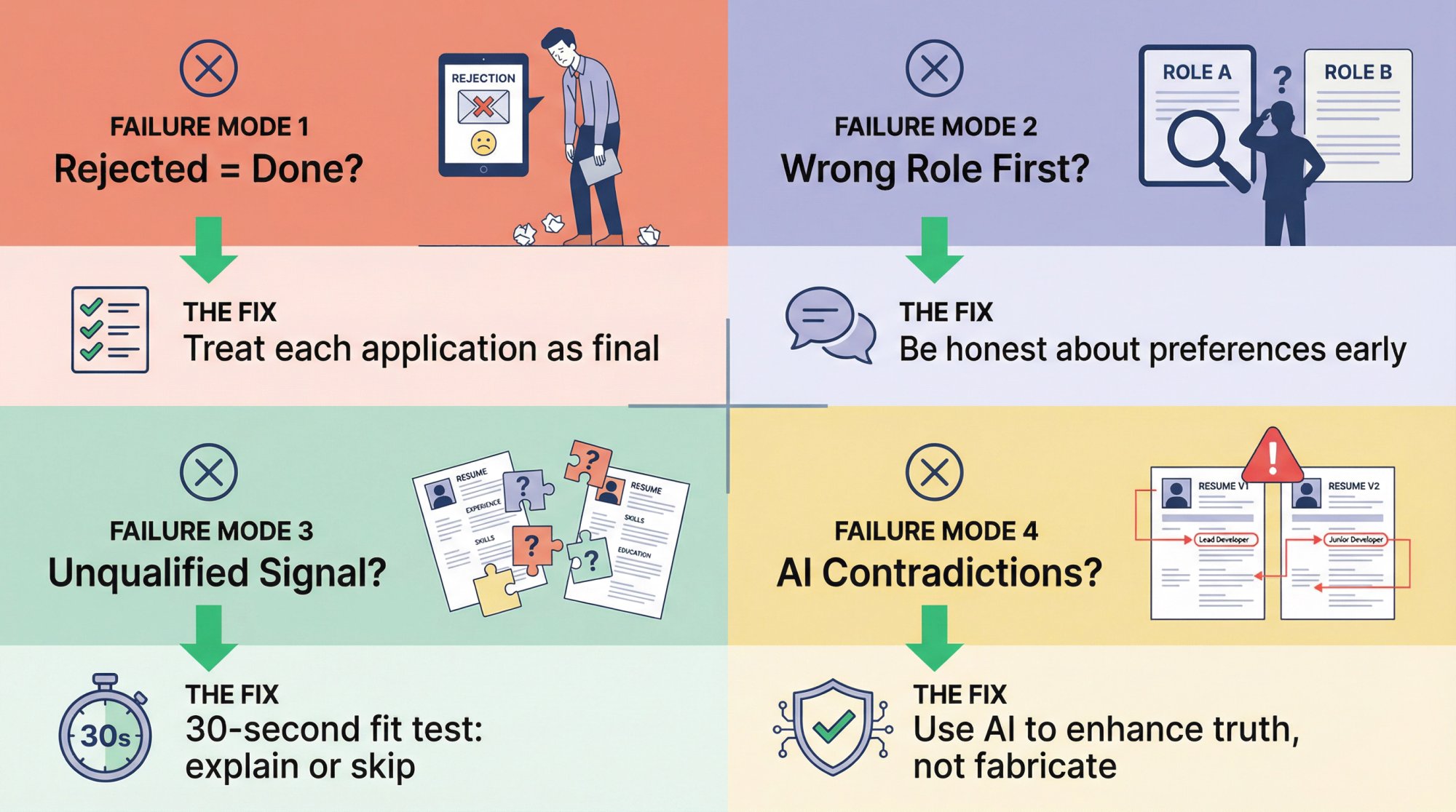 Four-quadrant infographic showing common failure modes when applying to multiple jobs and their strategic fixes