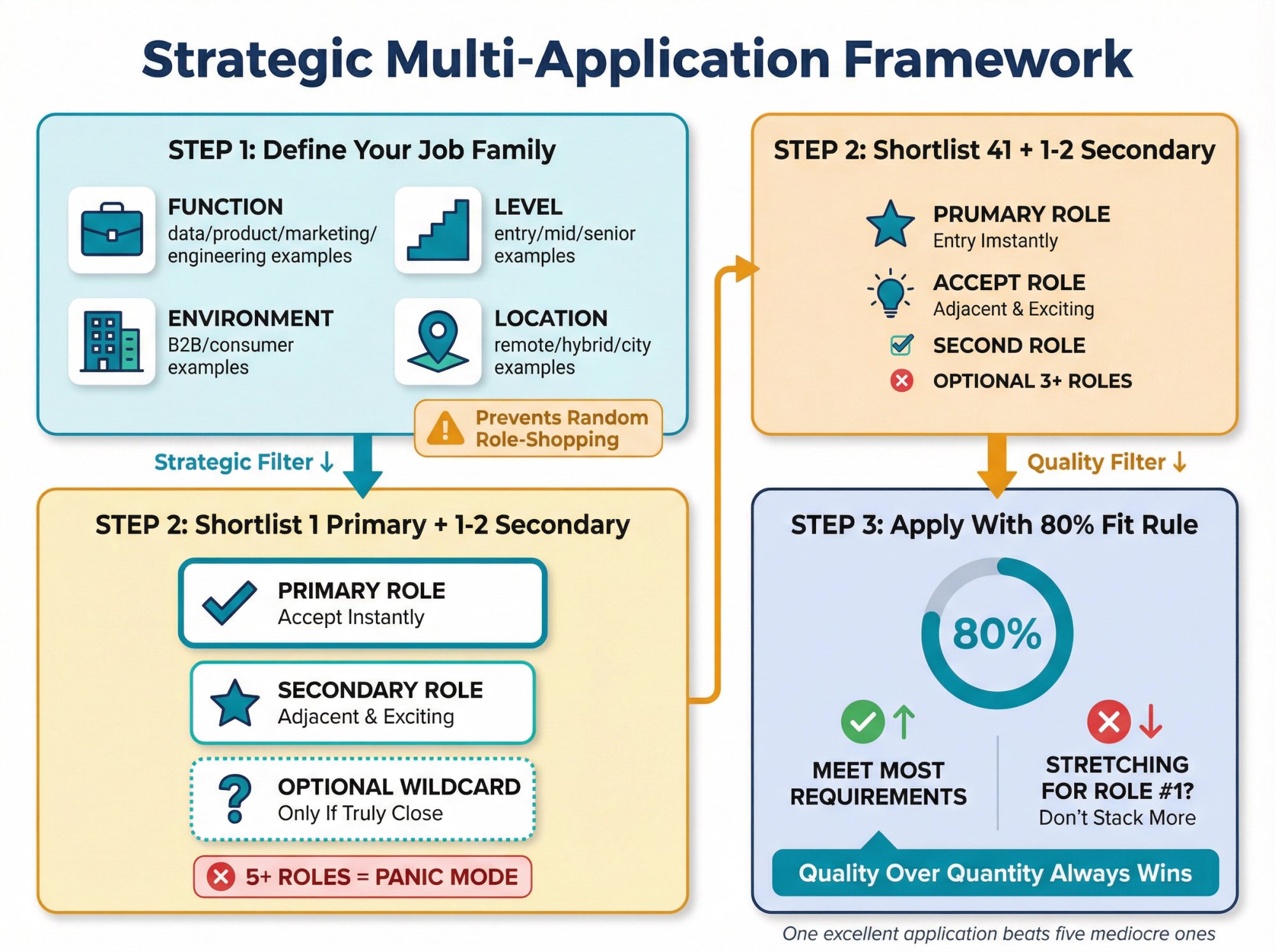 Three-step visual framework for strategically applying to multiple jobs at one company: job family definition, role shortlisting, and 80% fit rule