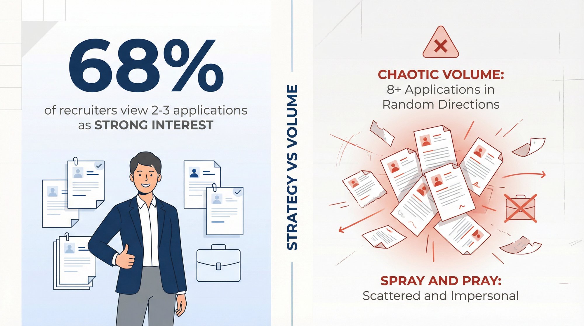 Infographic showing 68% of recruiters view 2-3 applications positively as strategic interest versus unfocused spray-and-pray approach