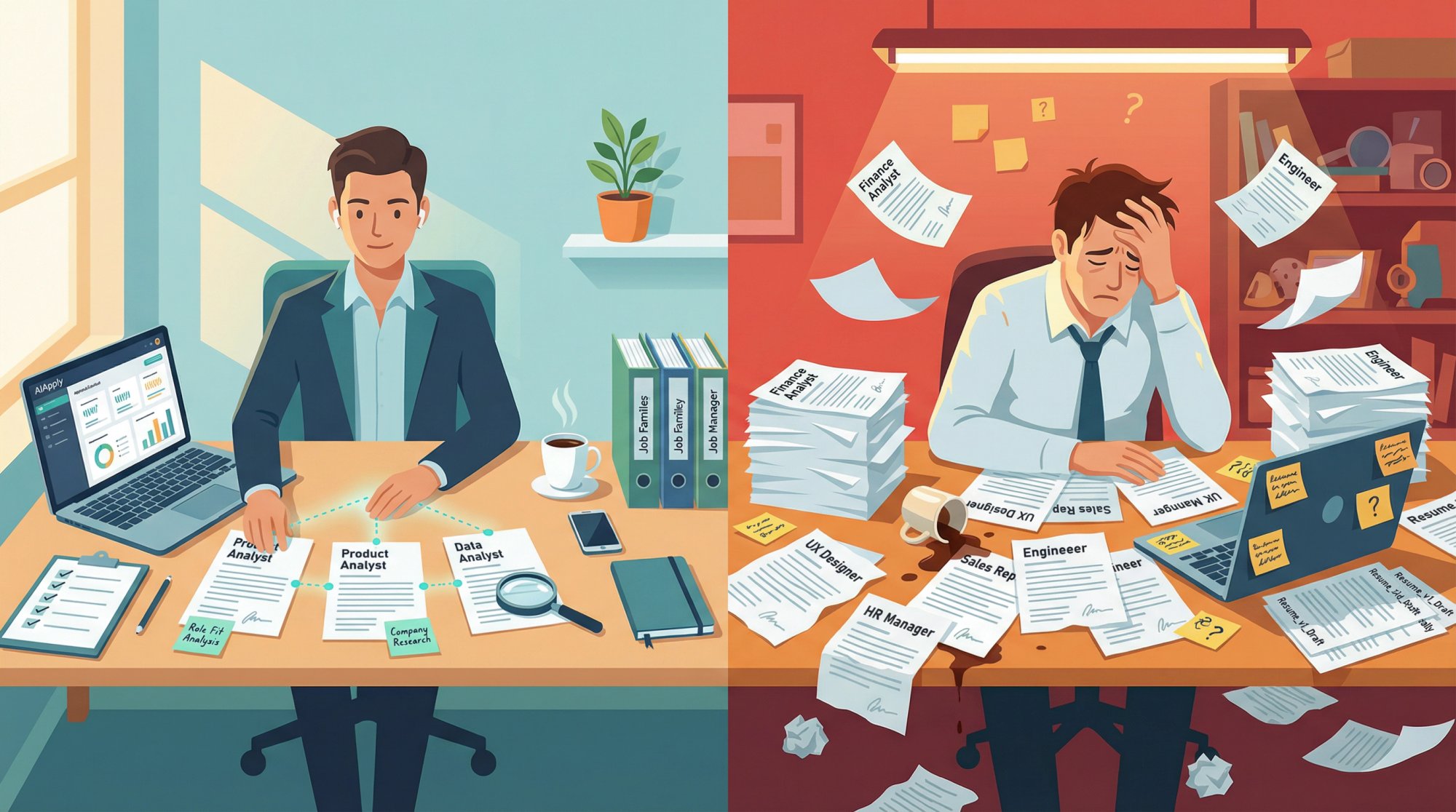 Split-screen illustration comparing strategic job applicant with 2-3 targeted applications versus overwhelmed applicant buried in dozens of unfocused applications