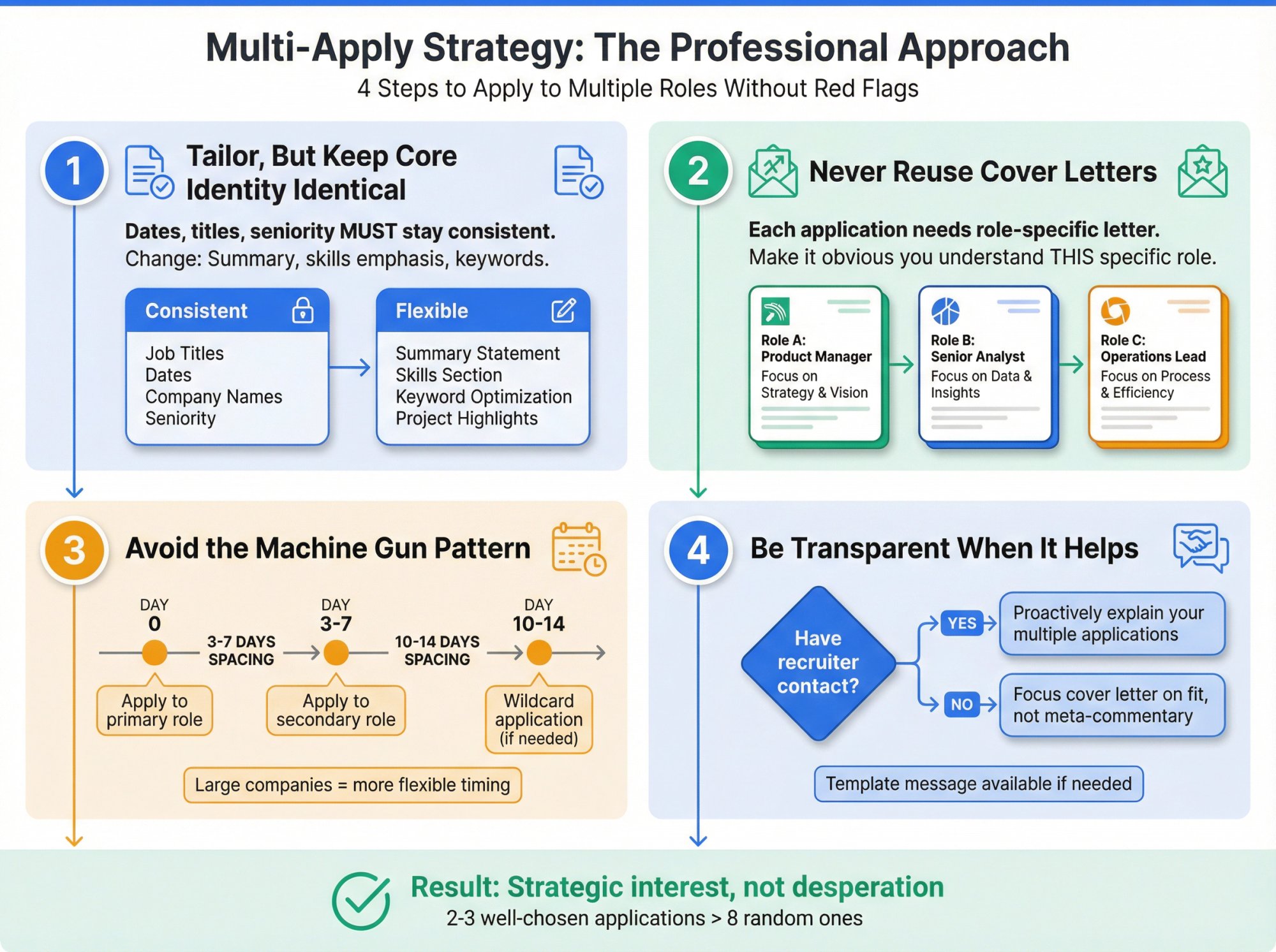 Strategic flowchart showing the 4-step process for applying to multiple jobs at one company without looking desperate
